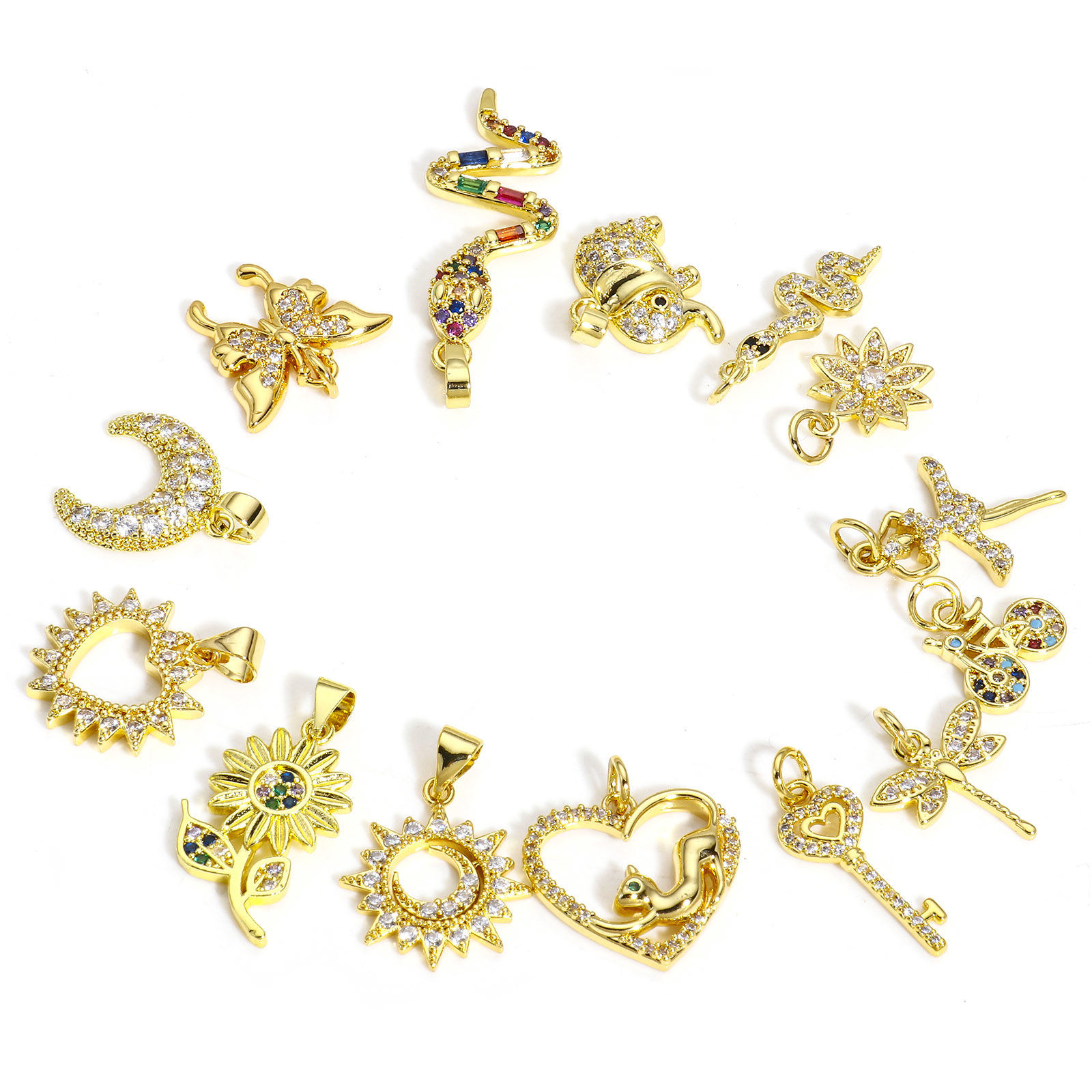 Bild von 2 Stück Messing Charms Echtgold plattiert Tier Sonne Micro Pave Klar Kubischer Zirkon