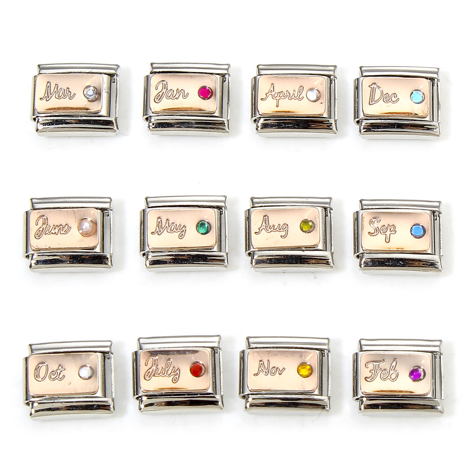 Bild von 1 Stück 304 Edelstahl Monatsstein Charm-Armband mit italienischen Gliedern zur Herstellung von DIY-Schmuck Silberfarbe 10mm x 9mm