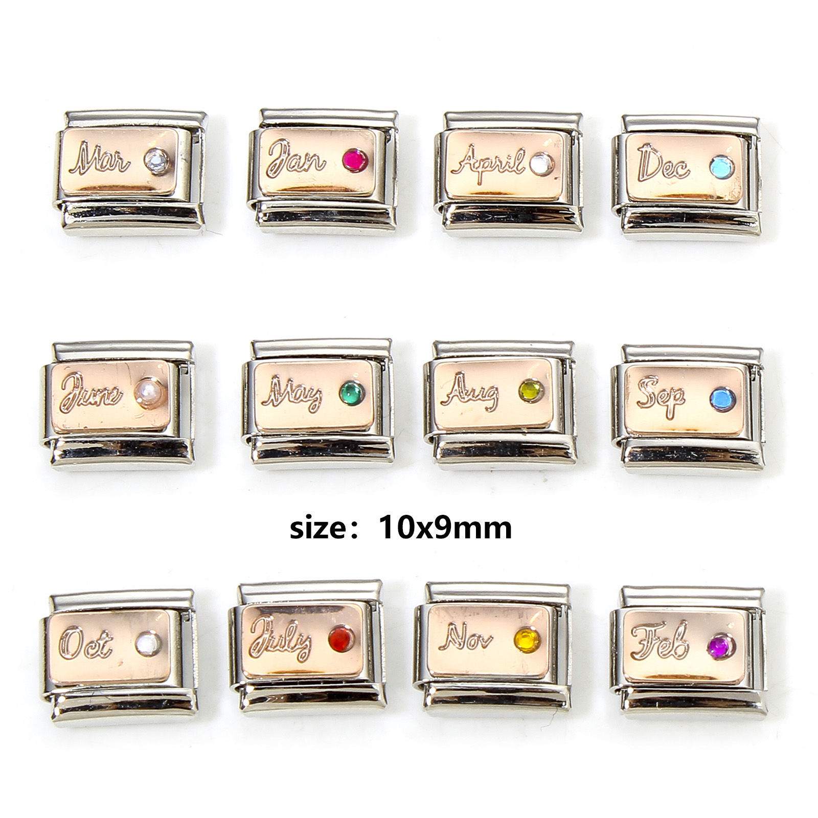 Bild von 1 Stück 304 Edelstahl Monatsstein Charm-Armband mit italienischen Gliedern zur Herstellung von DIY-Schmuck Silberfarbe 10mm x 9mm