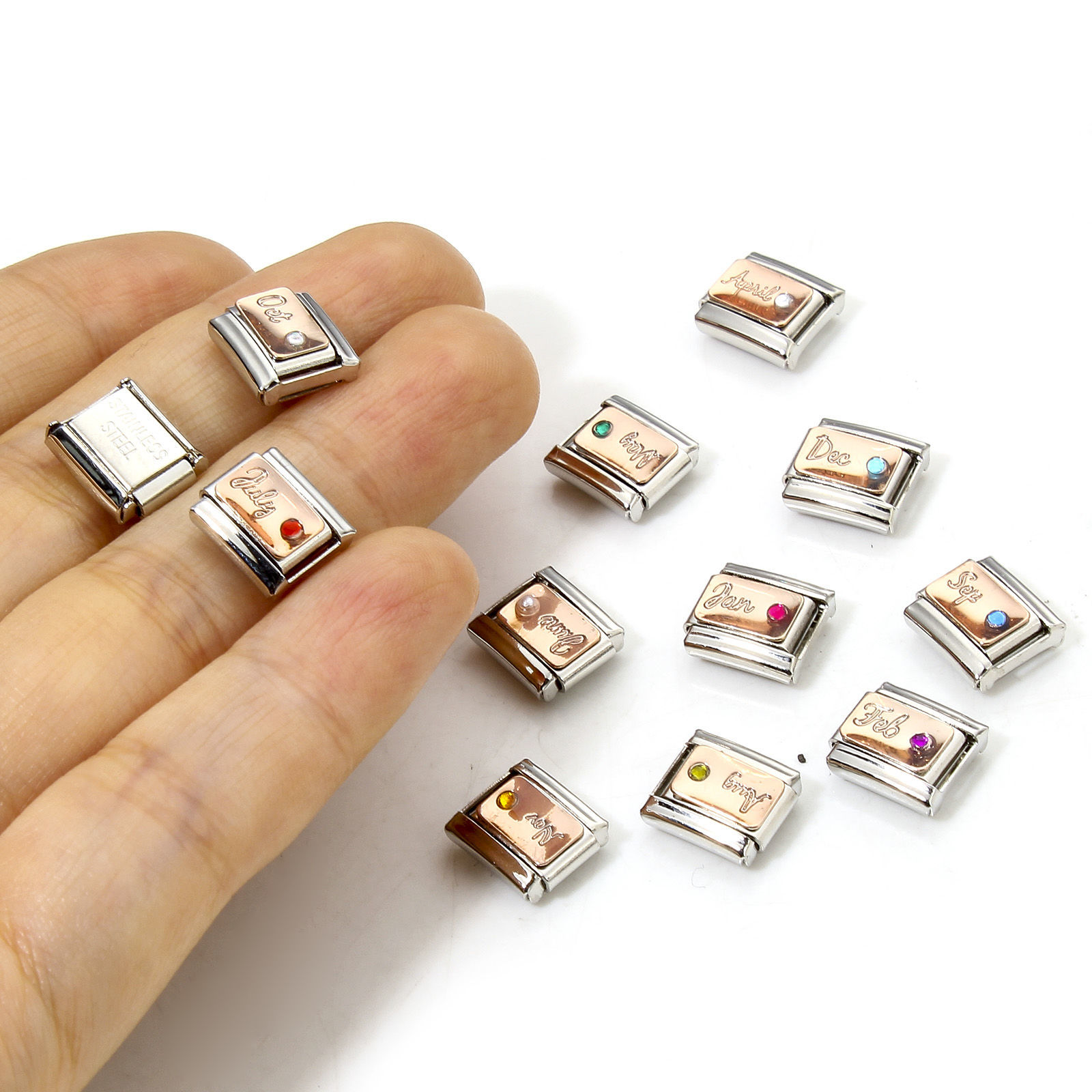 Bild von 1 Stück 304 Edelstahl Monatsstein Charm-Armband mit italienischen Gliedern zur Herstellung von DIY-Schmuck Silberfarbe 10mm x 9mm