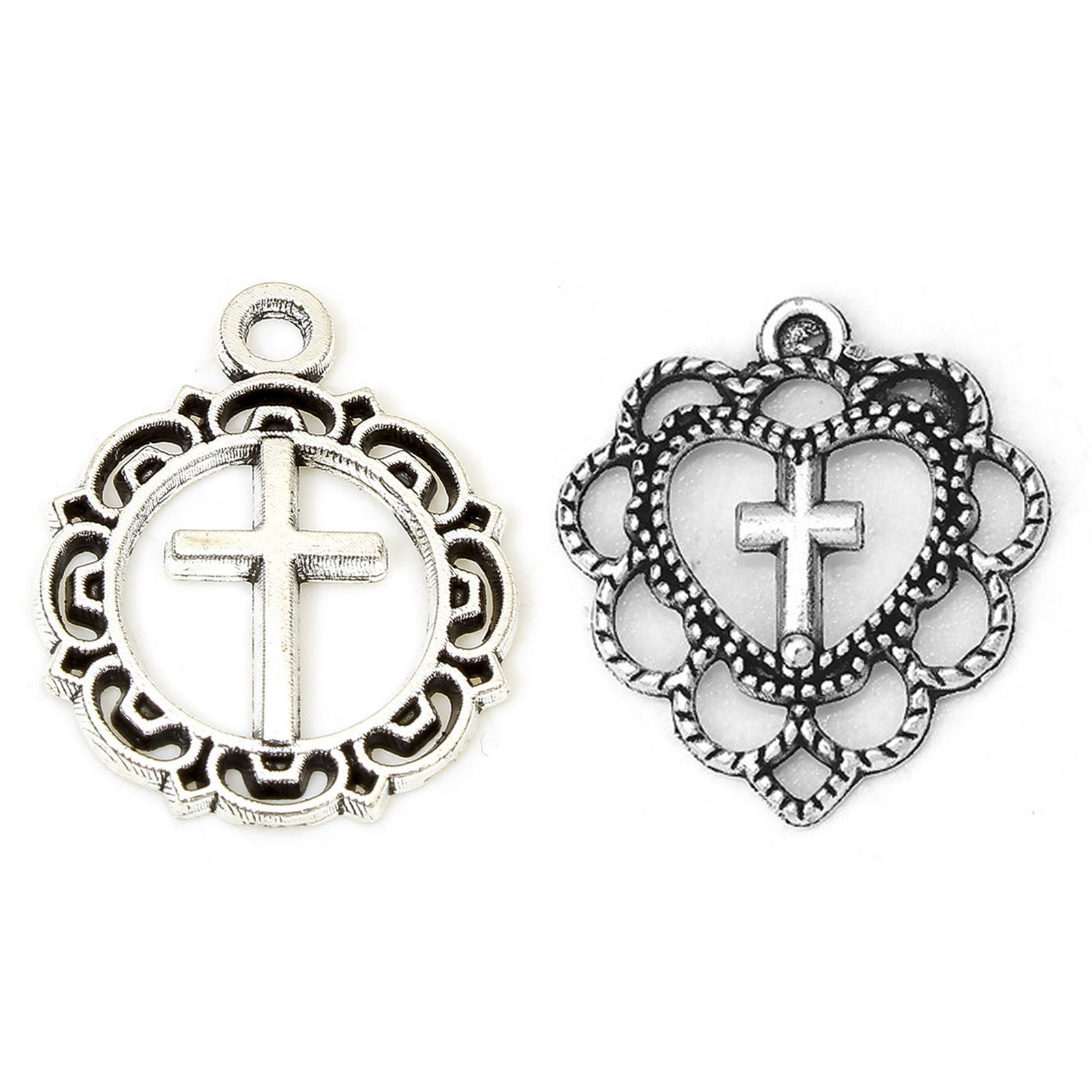 Picture of Zinc Based Alloy Religious Charms Antique Silver Color Cross Filigree Hollow