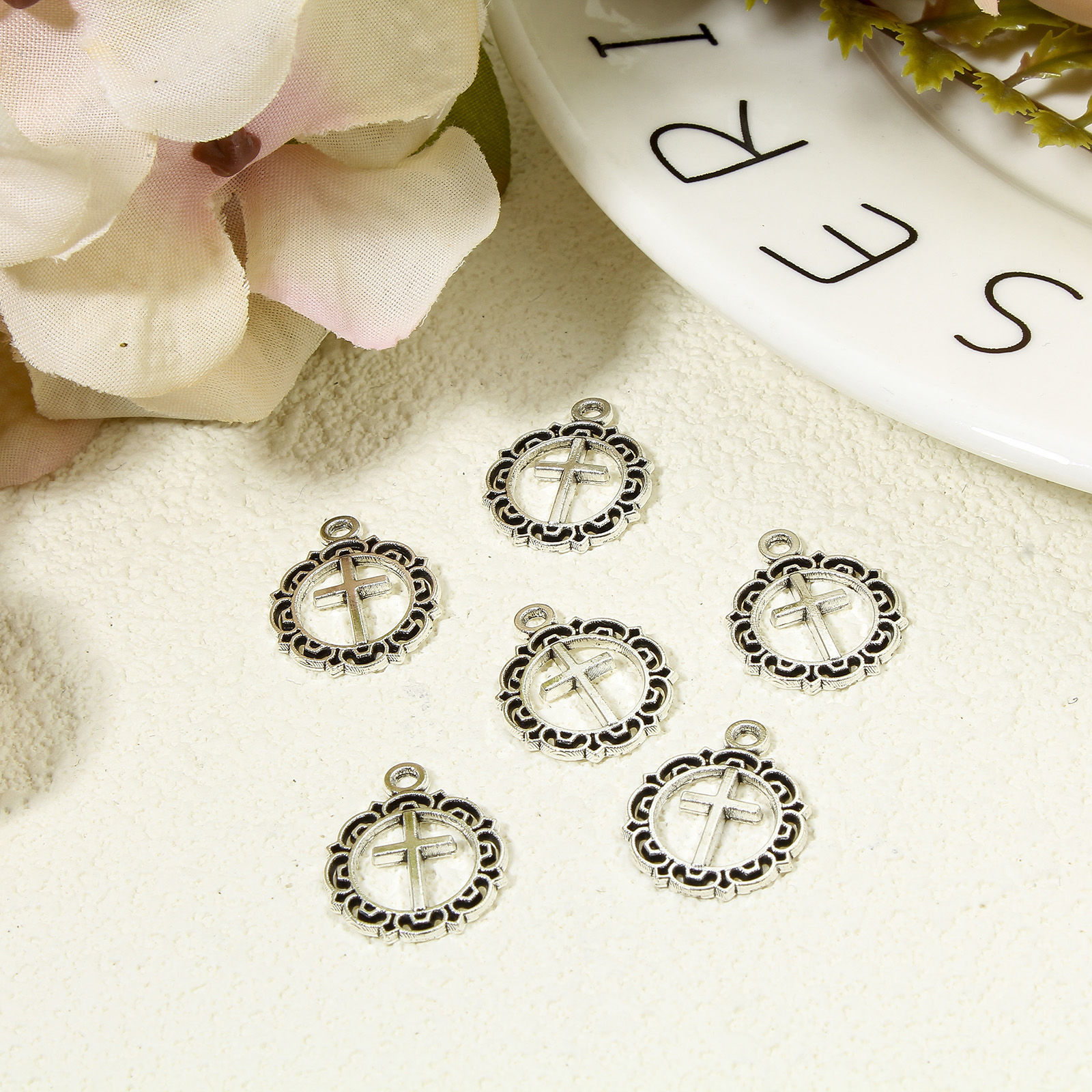 Picture of Zinc Based Alloy Religious Charms Antique Silver Color Cross Filigree Hollow