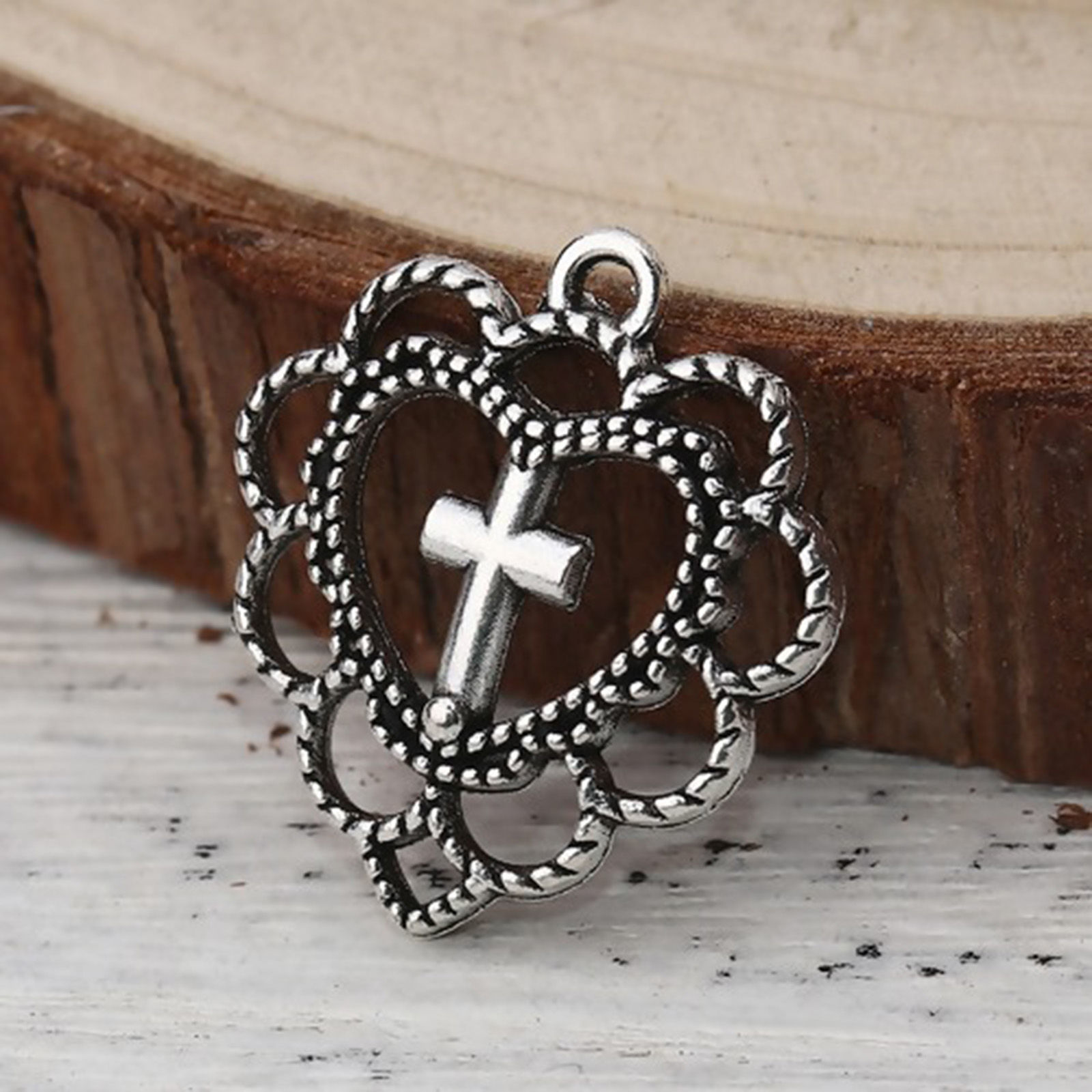 Picture of Zinc Based Alloy Religious Charms Antique Silver Color Cross Filigree Hollow