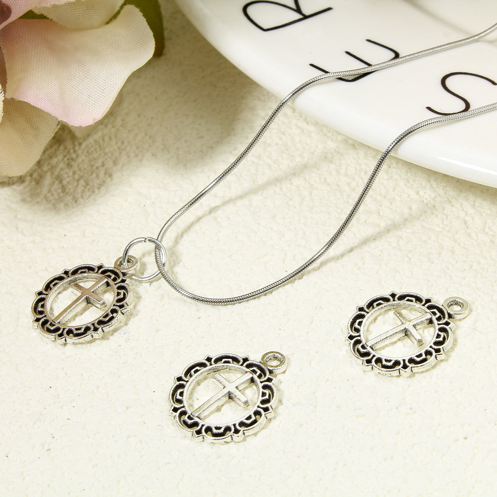 Picture of Zinc Based Alloy Religious Charms Antique Silver Color Cross Filigree Hollow