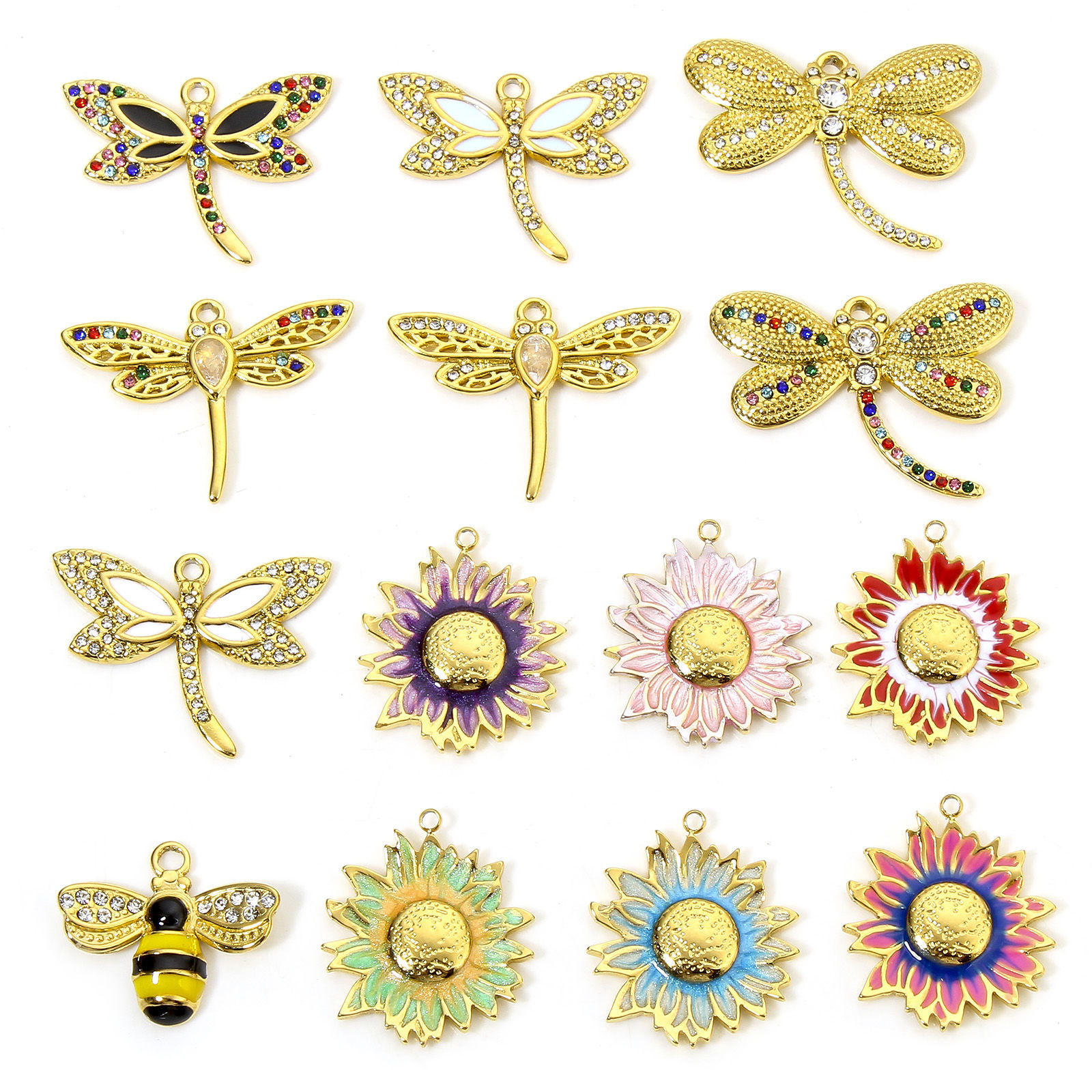 Bild von 1 Stück Umweltfreundlich 304 Edelstahl Pastoraler Stil Charms Biene Vergoldet Bunt Sonnenblume Emaille Transparent Strass