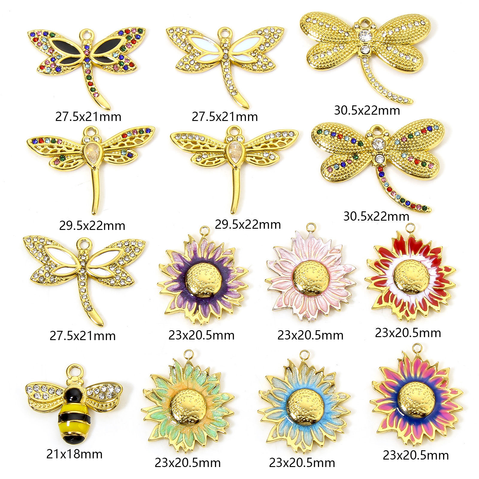 Bild von 1 Stück Umweltfreundlich 304 Edelstahl Pastoraler Stil Charms Biene Vergoldet Bunt Sonnenblume Emaille Transparent Strass