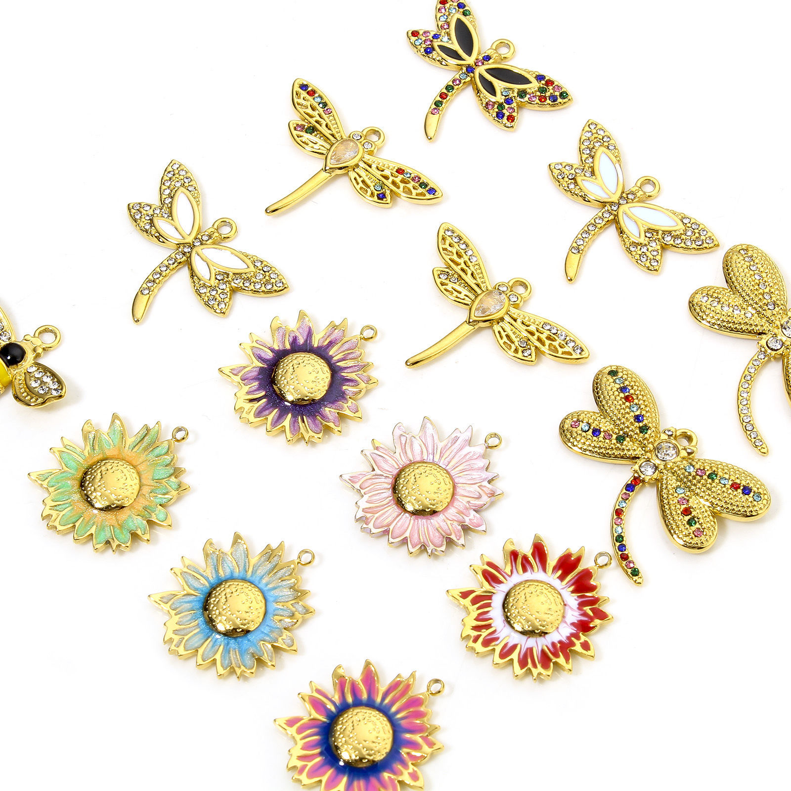 Bild von 1 Stück Umweltfreundlich 304 Edelstahl Pastoraler Stil Charms Biene Vergoldet Bunt Sonnenblume Emaille Transparent Strass