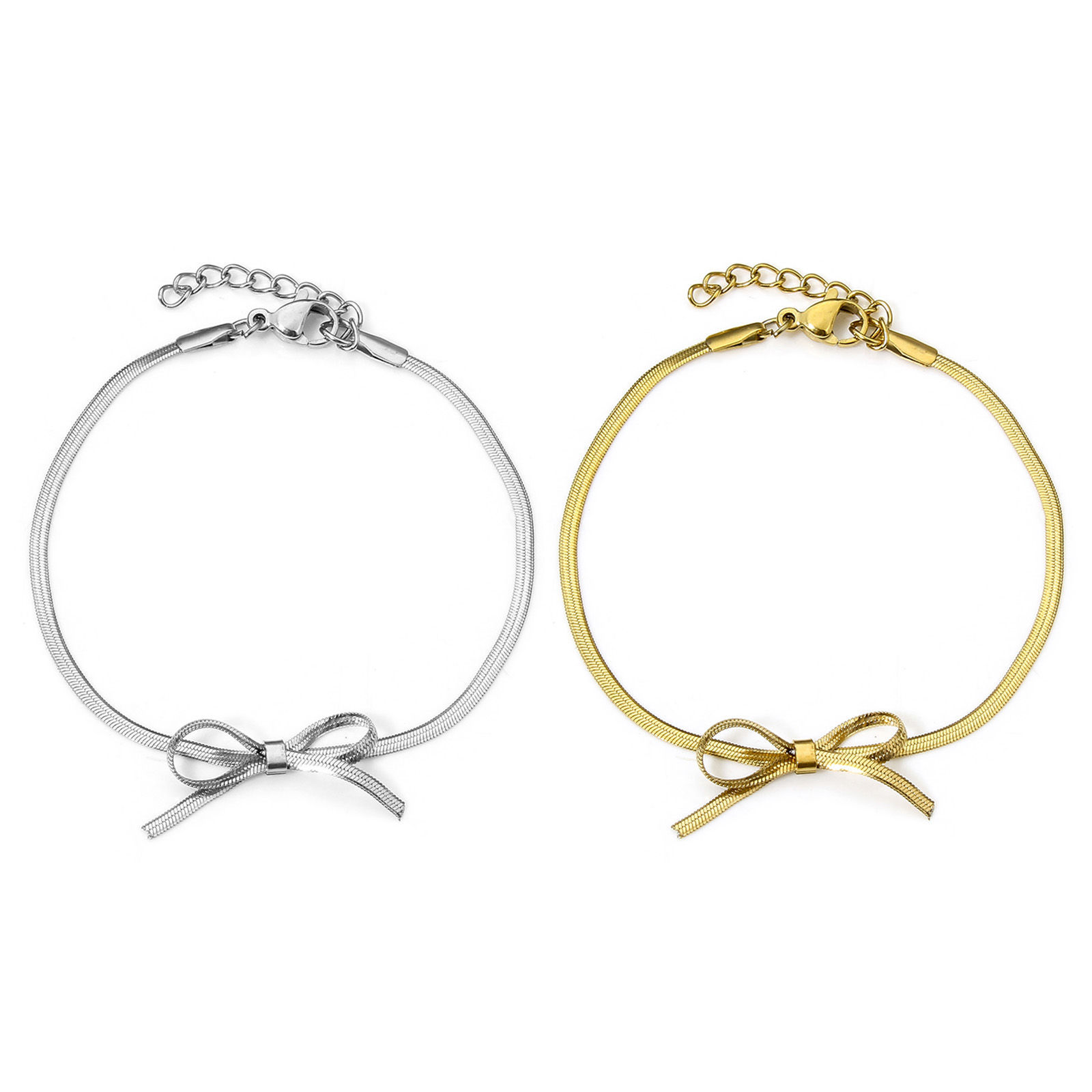 Imagen de 1 Unidad Enchapado al Vacío 304 Acero Inoxidable Cadena de Serpiente Plana Pulseras Nudo Mariposa Con Broche de Langosta y Extensor Cadena 16cm longitud