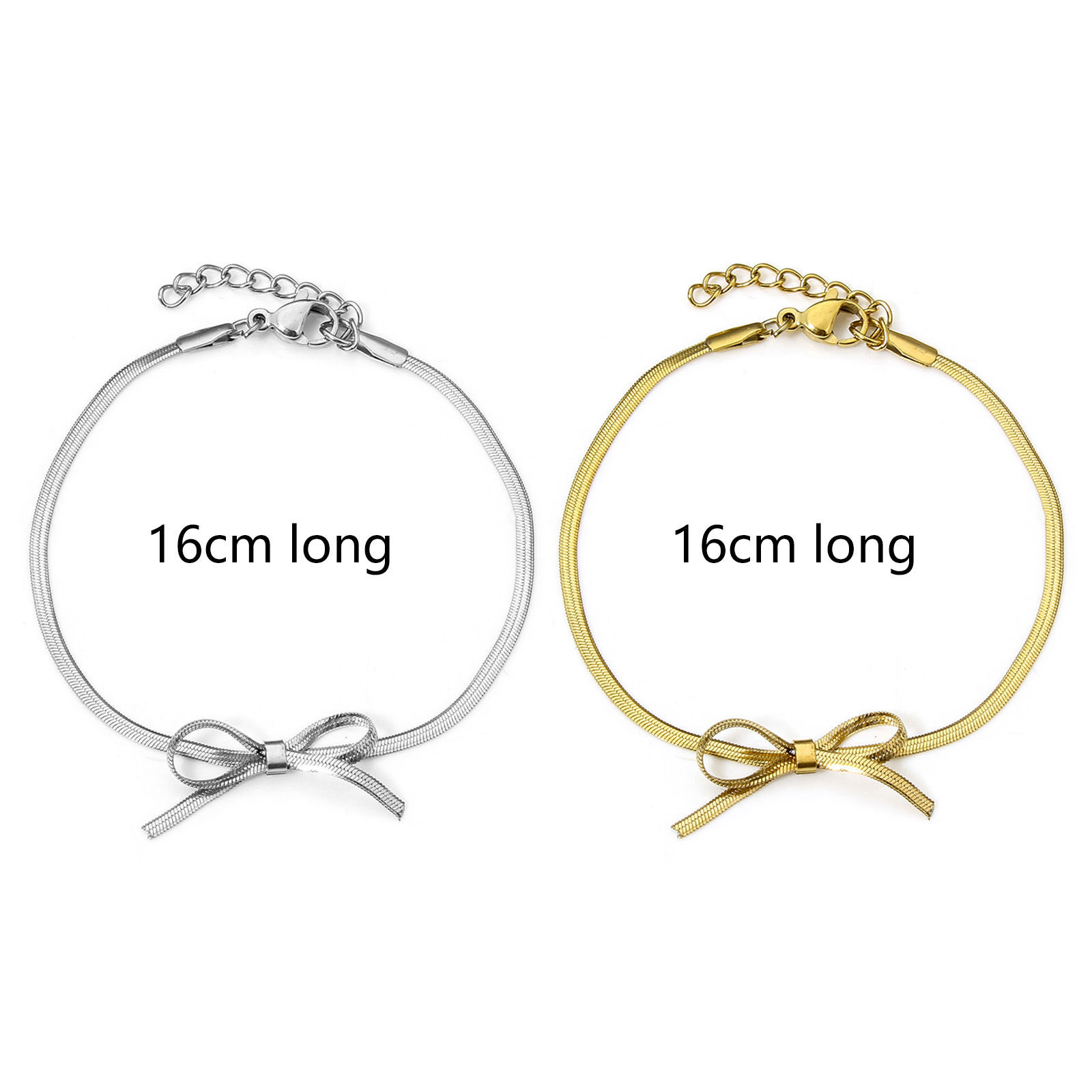 Imagen de 1 Unidad Enchapado al Vacío 304 Acero Inoxidable Cadena de Serpiente Plana Pulseras Nudo Mariposa Con Broche de Langosta y Extensor Cadena 16cm longitud