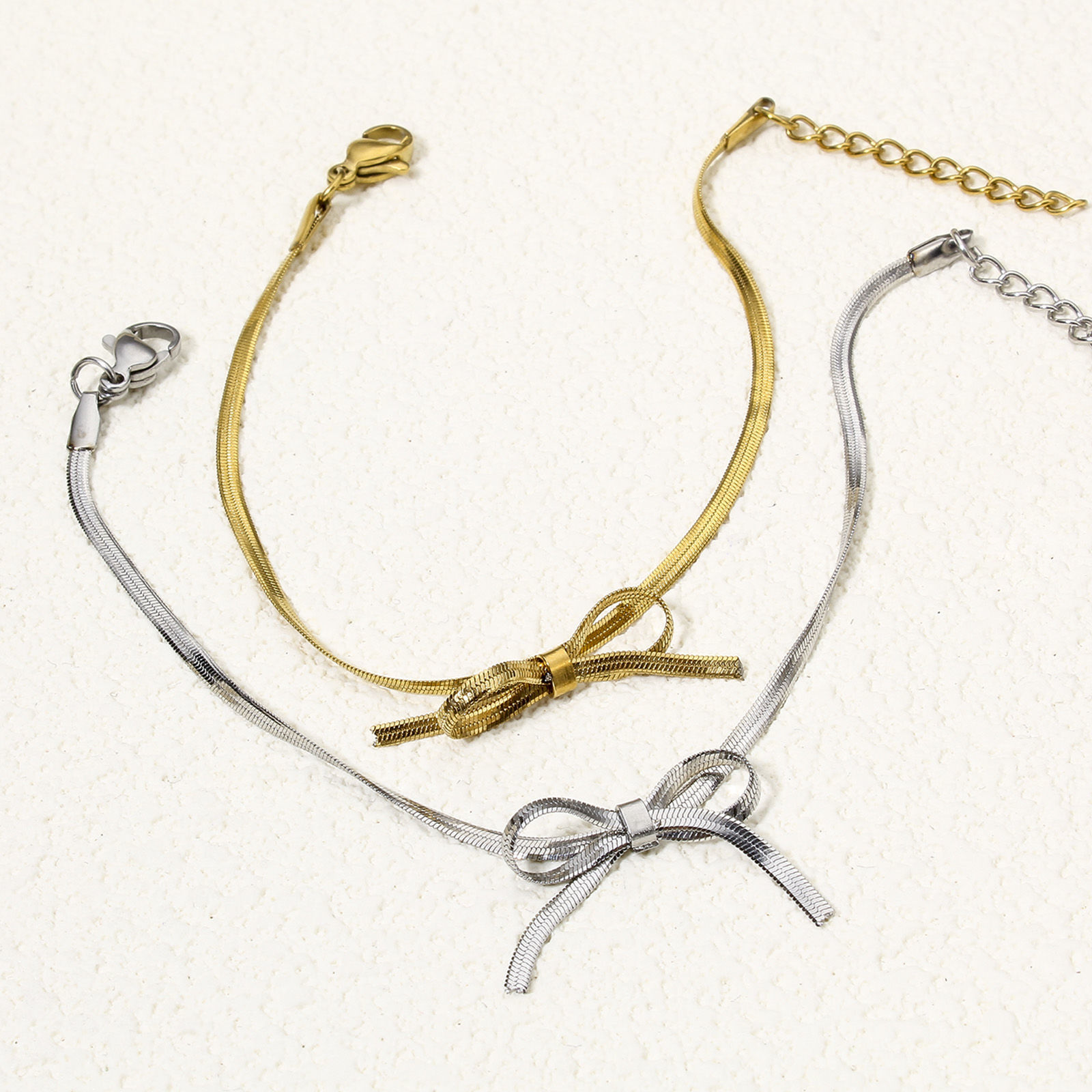 Imagen de 1 Unidad Enchapado al Vacío 304 Acero Inoxidable Cadena de Serpiente Plana Pulseras Nudo Mariposa Con Broche de Langosta y Extensor Cadena 16cm longitud