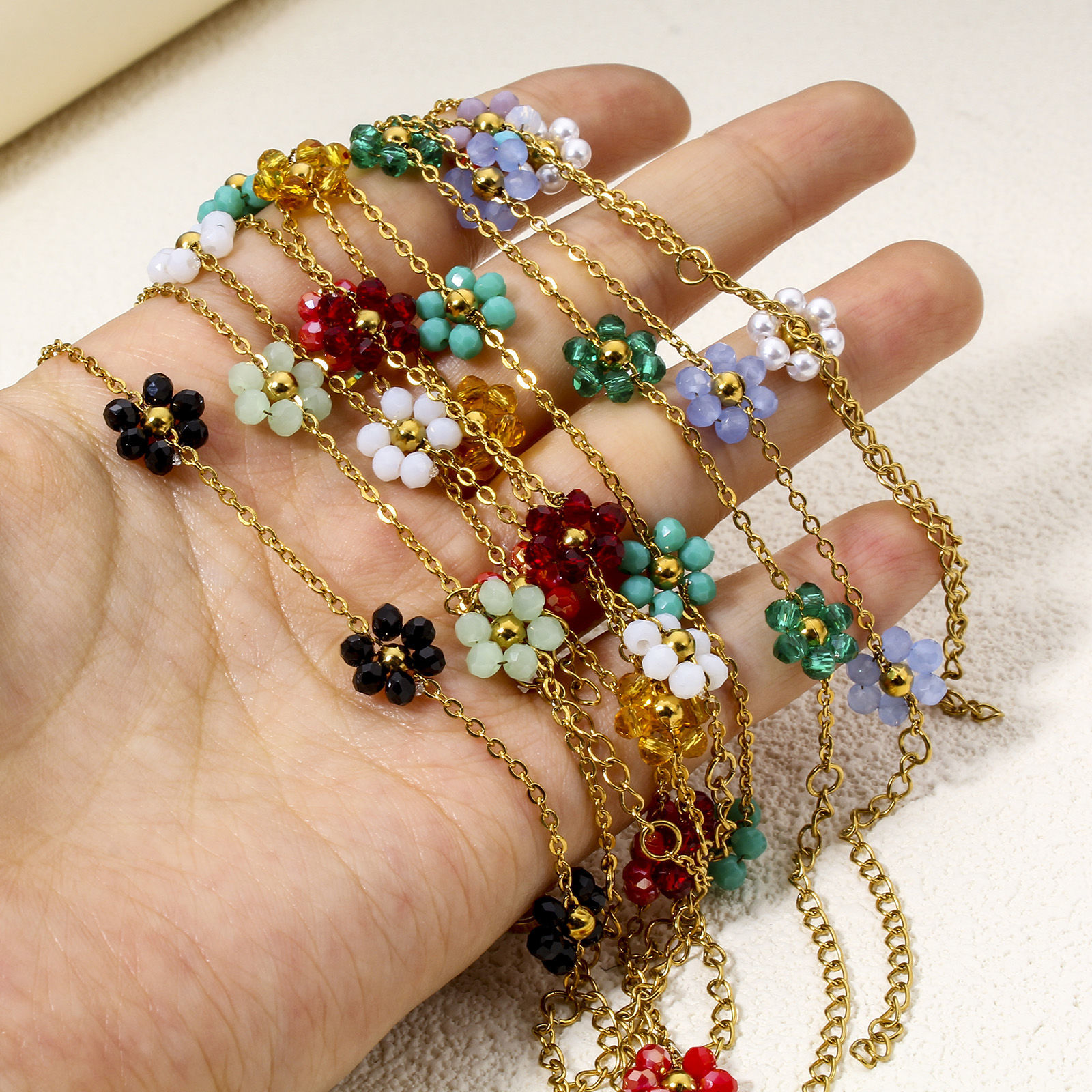 Bild von 1 Strang Vakuumbeschichtung 304 Edelstahl Perlenkette Halskette 18K Gold plattiert Blumen Mit Karabiner Verschluss und Verlängerungskette Extender 39cm lang