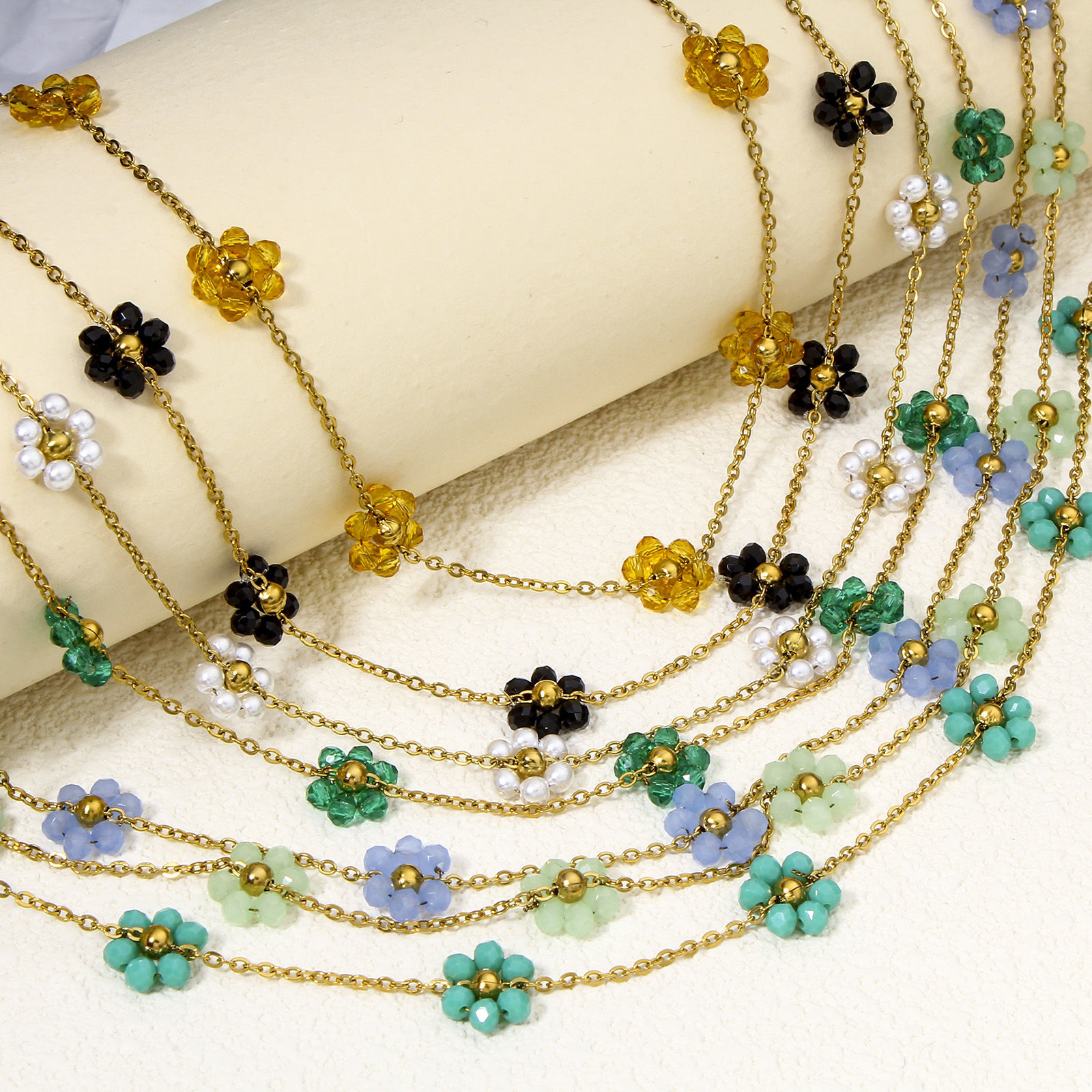 Bild von 1 Strang Vakuumbeschichtung 304 Edelstahl Perlenkette Halskette 18K Gold plattiert Blumen Mit Karabiner Verschluss und Verlängerungskette Extender 39cm lang