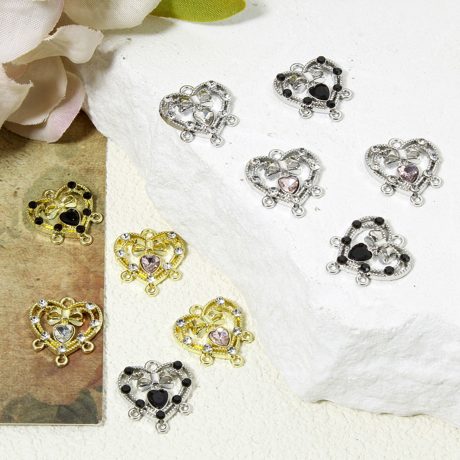 Изображение 5 ШТ Цинковый Сплав День святого Валентина Коннекторы Люстра фурнитуры Сердце Разноцветный Бант С узором ажурная резьба Прозрачный Стразы 18мм x 16мм