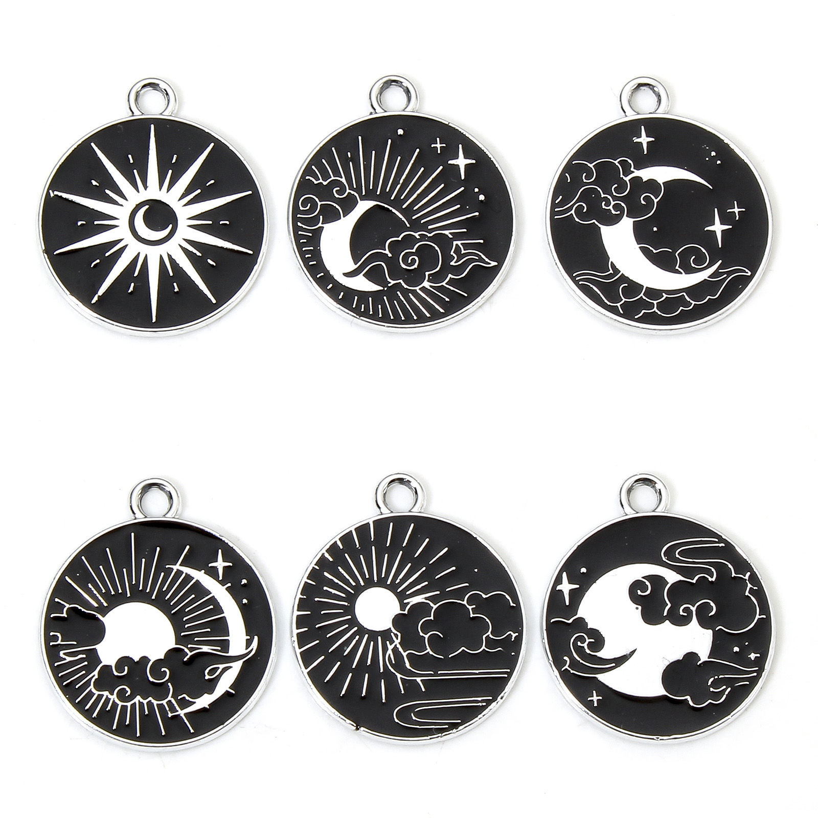 Picture of Zinc Based Alloy Galaxy Disc Charms Silver Tone Black & White Sun Moon Enamel 22mm x 19mm
