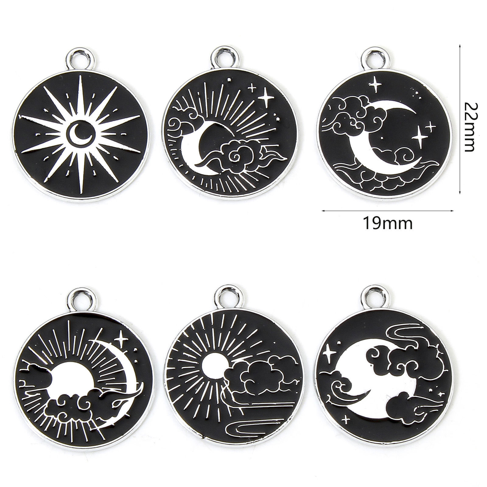 Picture of Zinc Based Alloy Galaxy Disc Charms Silver Tone Black & White Sun Moon Enamel 22mm x 19mm