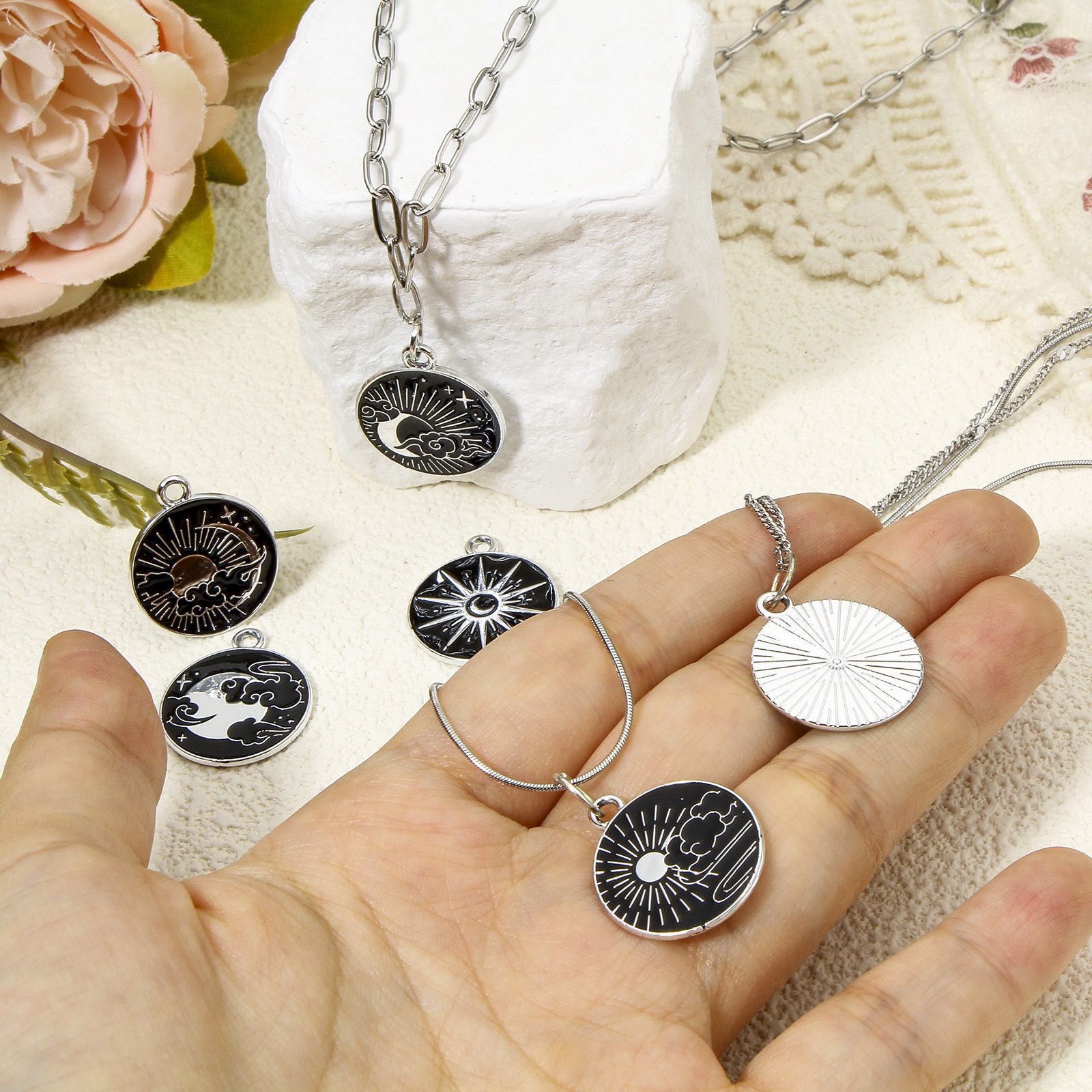 Picture of Zinc Based Alloy Galaxy Disc Charms Silver Tone Black & White Sun Moon Enamel 22mm x 19mm