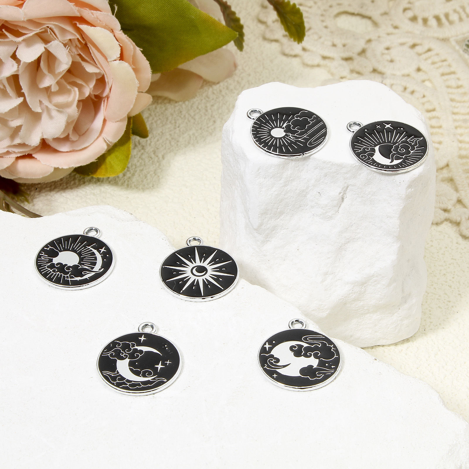 Picture of Zinc Based Alloy Galaxy Disc Charms Silver Tone Black & White Sun Moon Enamel 22mm x 19mm