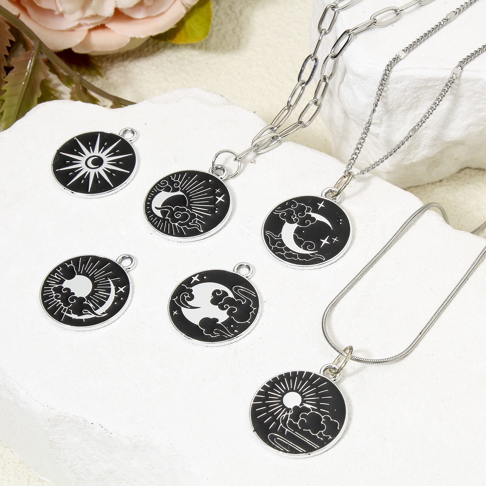 Picture of Zinc Based Alloy Galaxy Disc Charms Silver Tone Black & White Sun Moon Enamel 22mm x 19mm