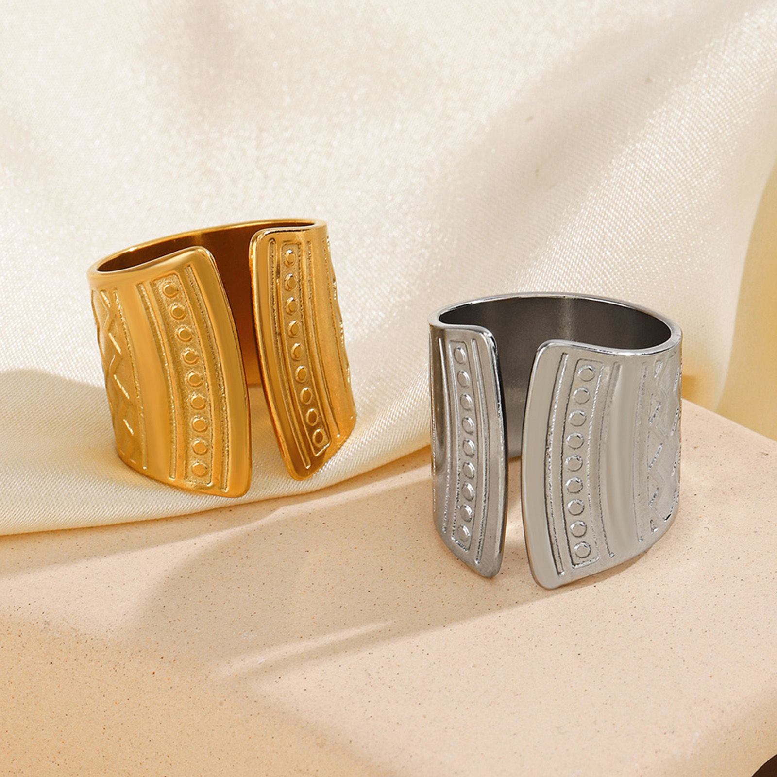 Picture of Vacuum Plating 304 Stainless Steel Ins Style Open Rings Multicolor Geometric Streak Hollow