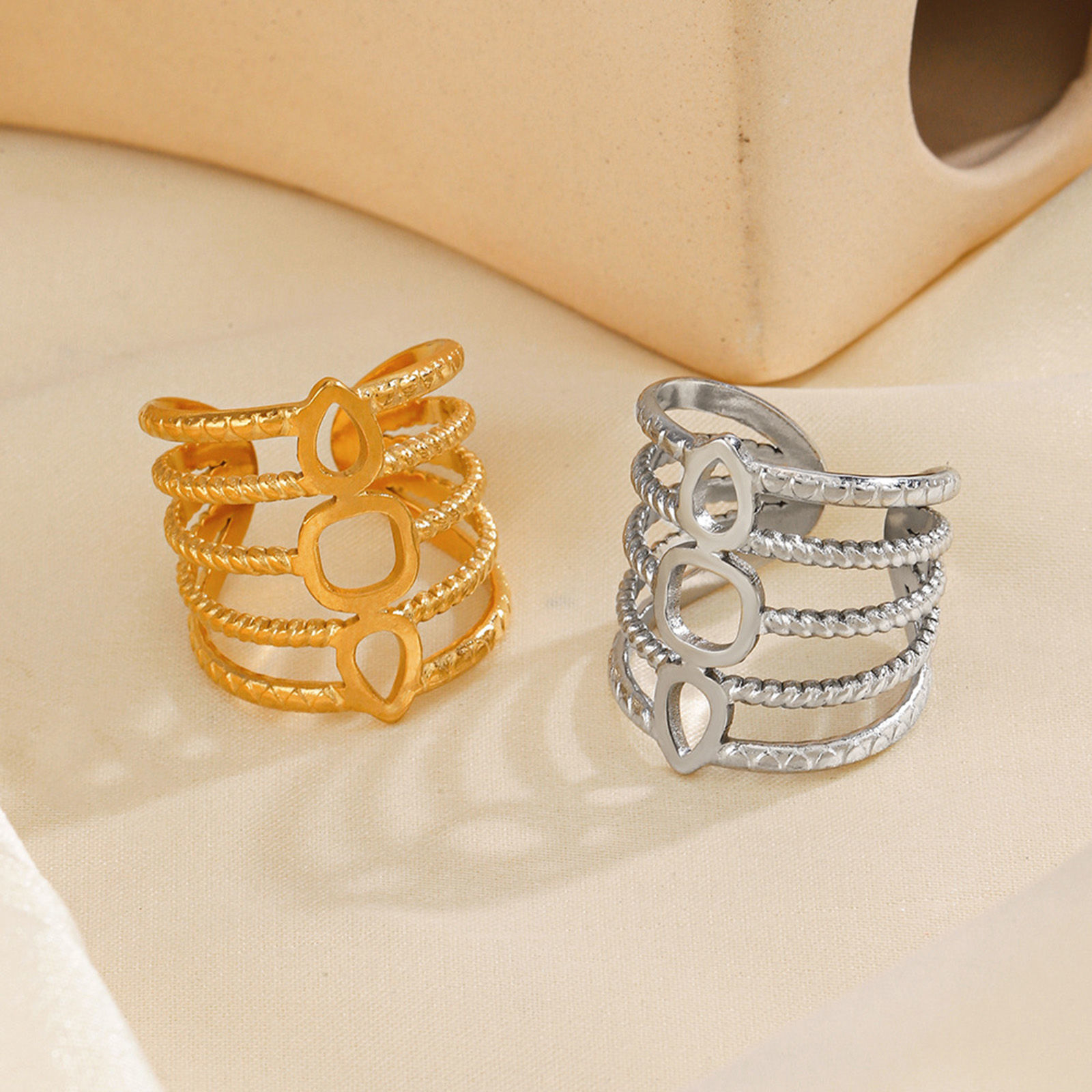 Picture of Vacuum Plating 304 Stainless Steel Ins Style Open Rings Multicolor Geometric Streak Hollow