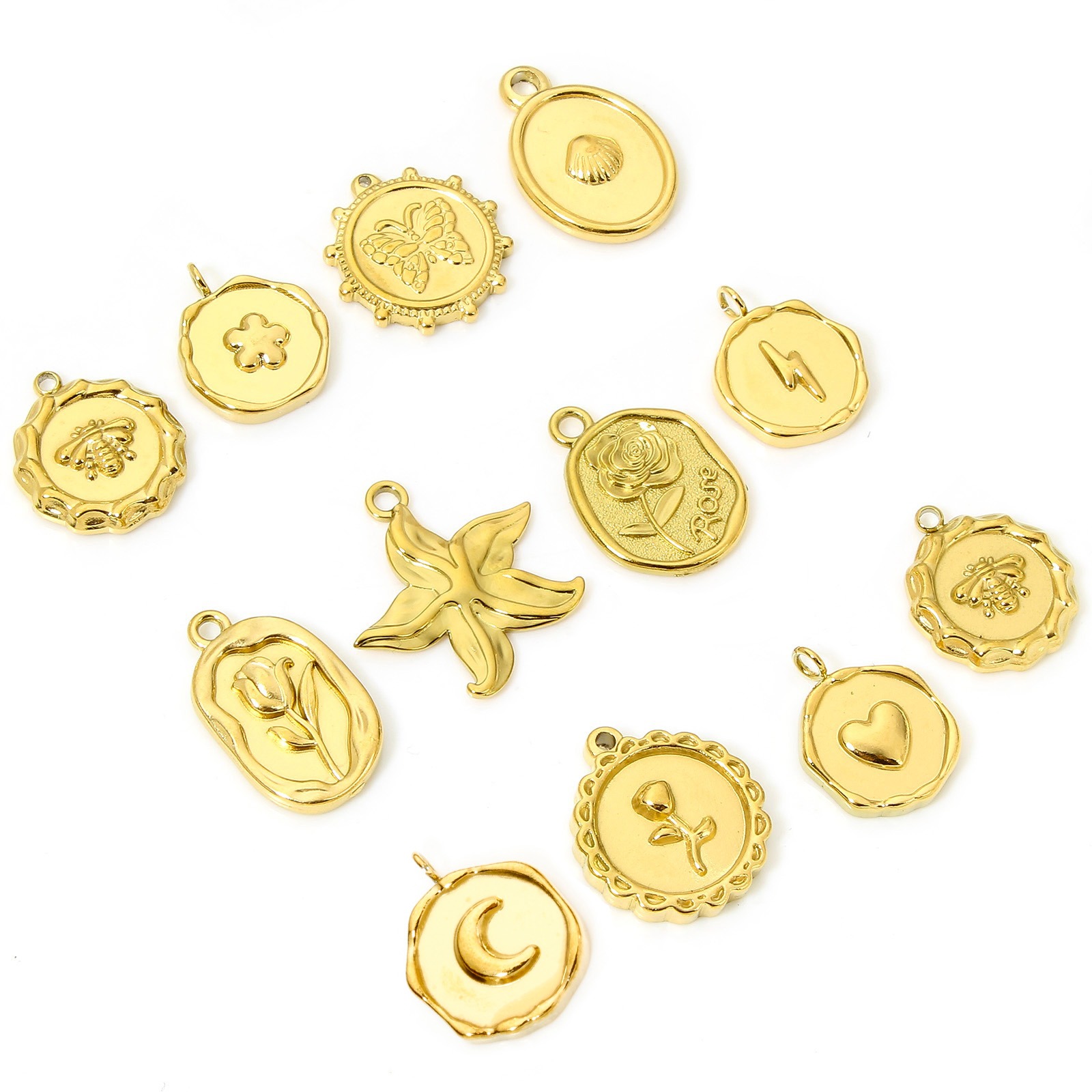 Picture of Vacuum Plating 304 Stainless Steel Stylish Charms Gold Plated Round Moon