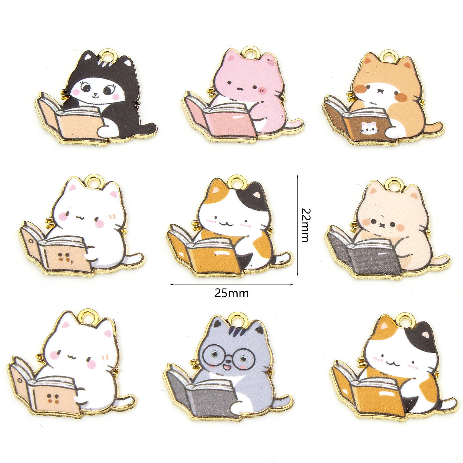Picture of Zinc Based Alloy Charms Gold Plated Multicolor Book Cat Enamel 25mm x 22mm
