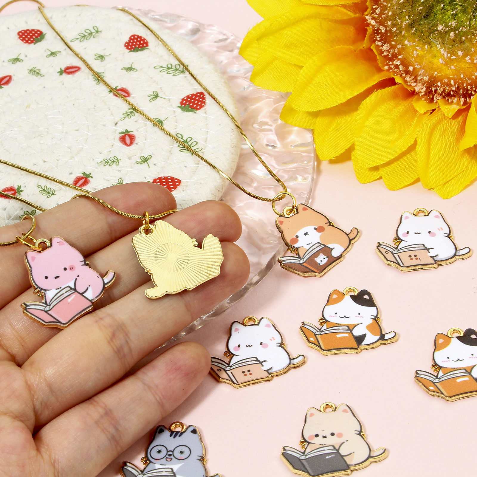 Picture of Zinc Based Alloy Charms Gold Plated Multicolor Book Cat Enamel 25mm x 22mm