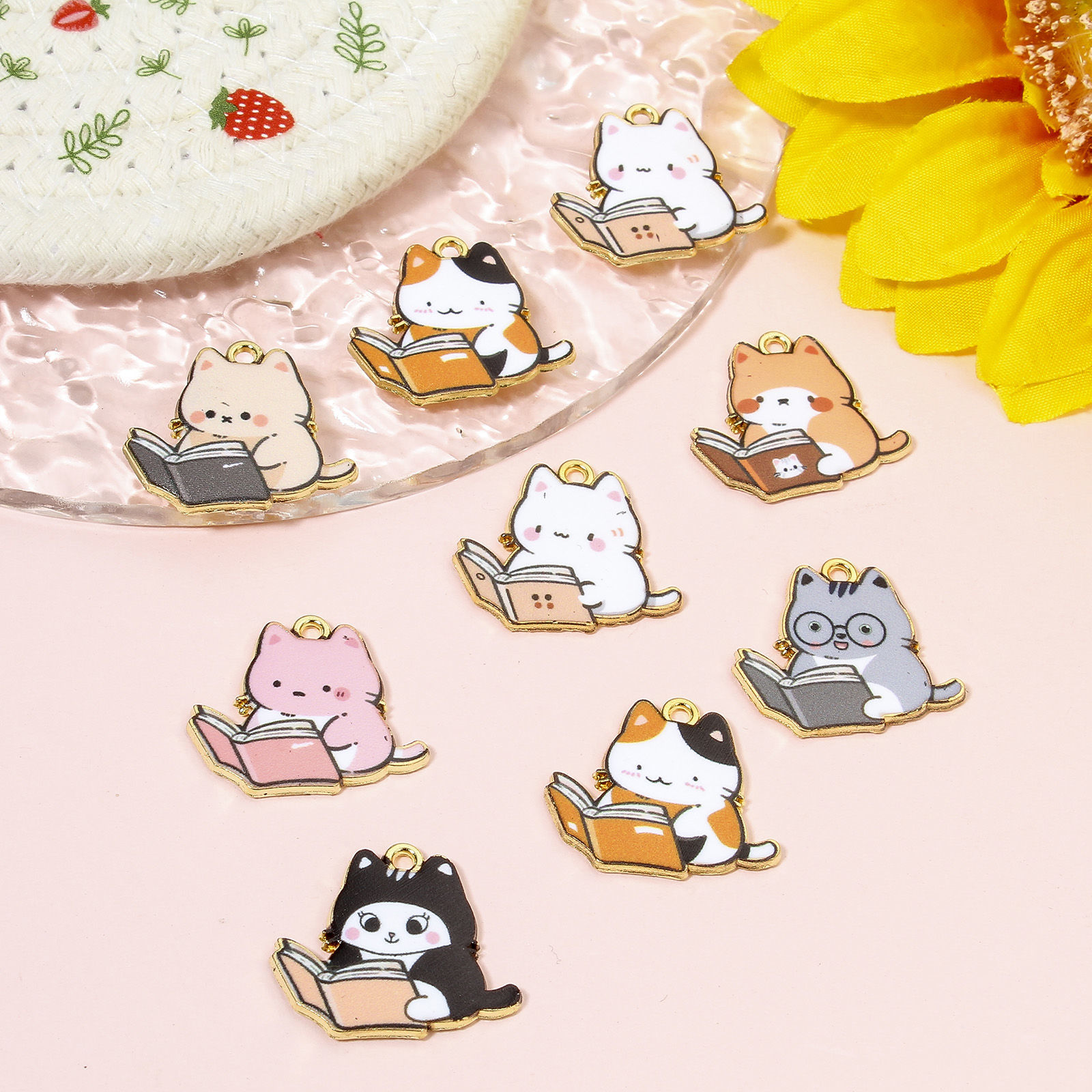 Picture of Zinc Based Alloy Charms Gold Plated Multicolor Book Cat Enamel 25mm x 22mm