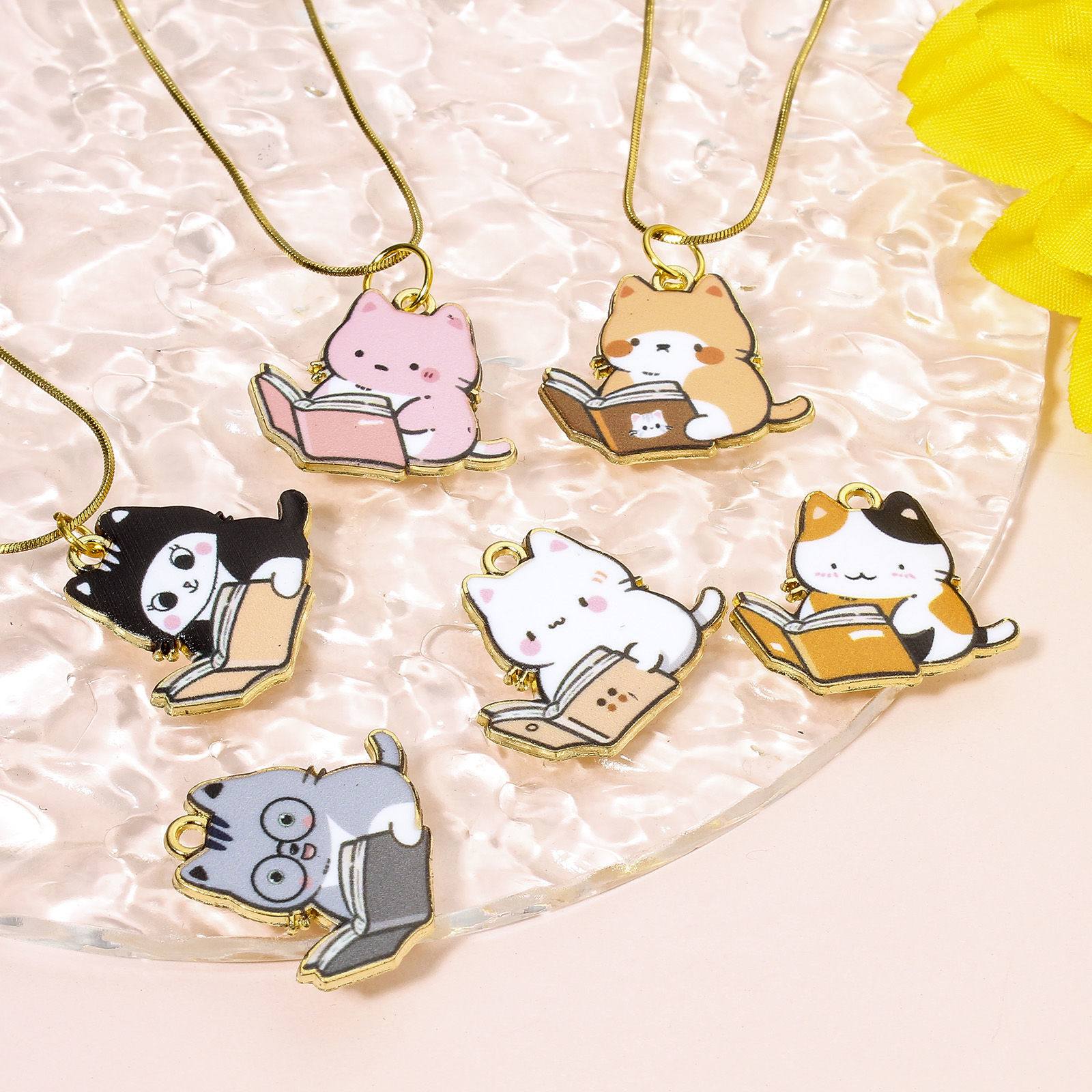 Picture of Zinc Based Alloy Charms Gold Plated Multicolor Book Cat Enamel 25mm x 22mm