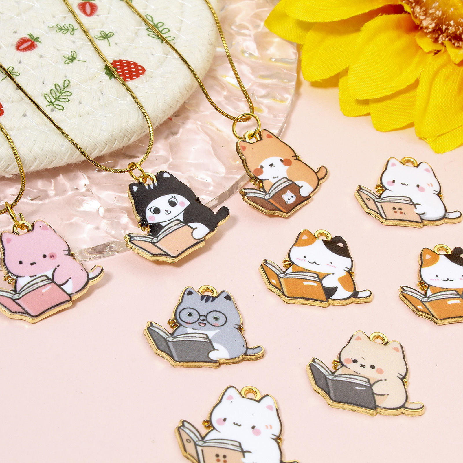 Picture of Zinc Based Alloy Charms Gold Plated Multicolor Book Cat Enamel 25mm x 22mm