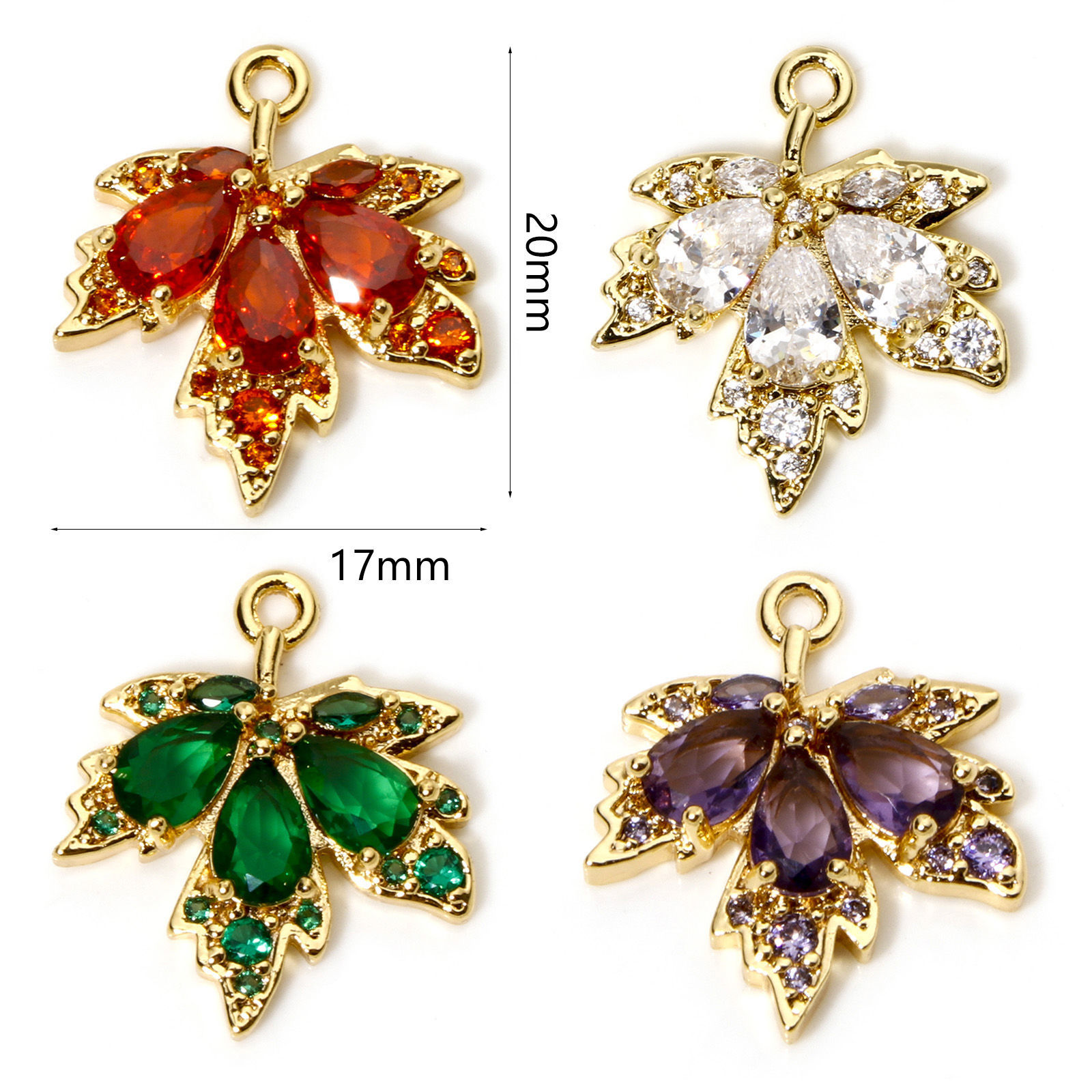 Image de 2 Pcs Breloques en Laiton & Verre Doré Multicolore Feuille d'érable Micro Pave à Strass Coloré 20mm x 17mm