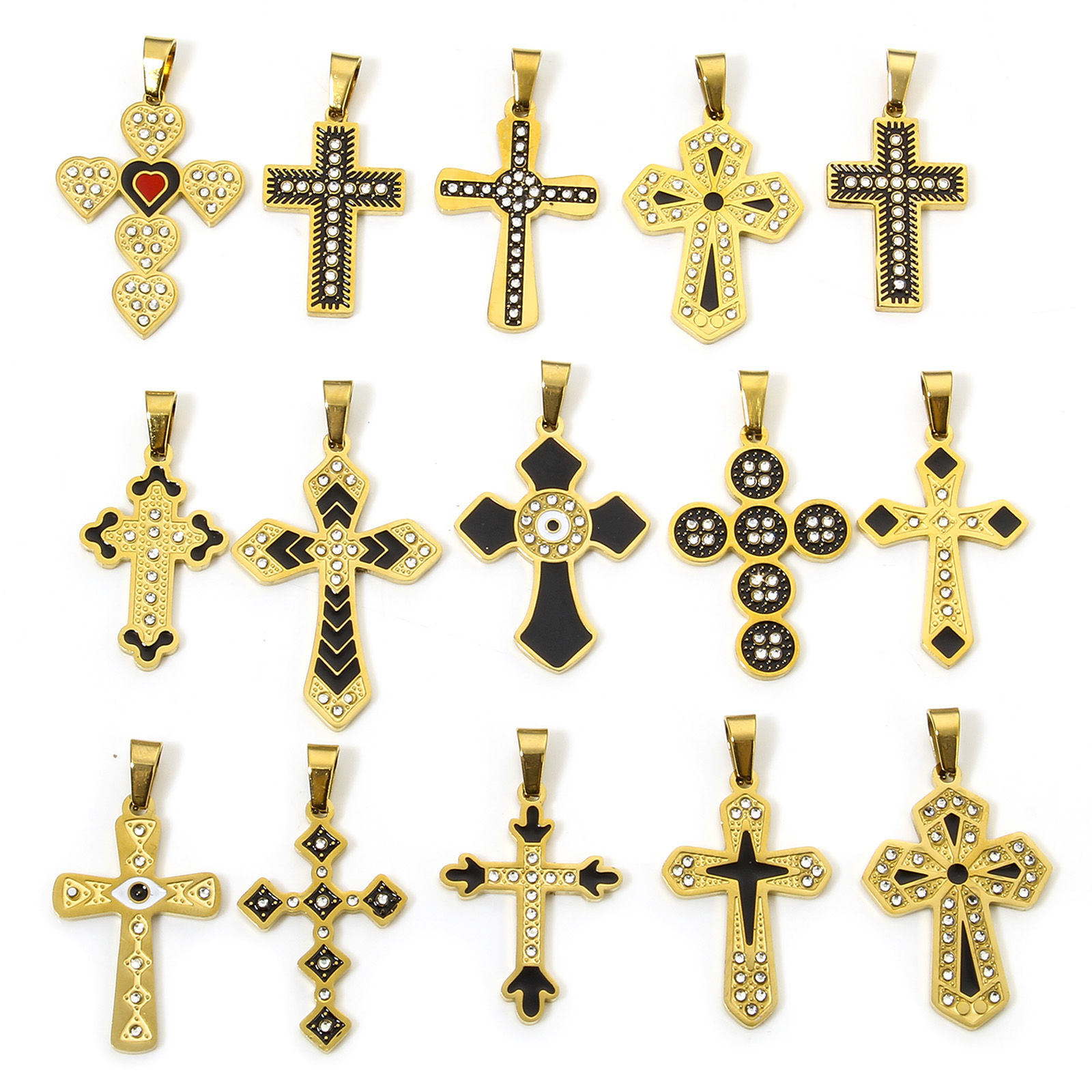 Picture of Vacuum Plating 304 Stainless Steel Religious Pendants Gold Plated Multicolor Cross Enamel Clear Rhinestone