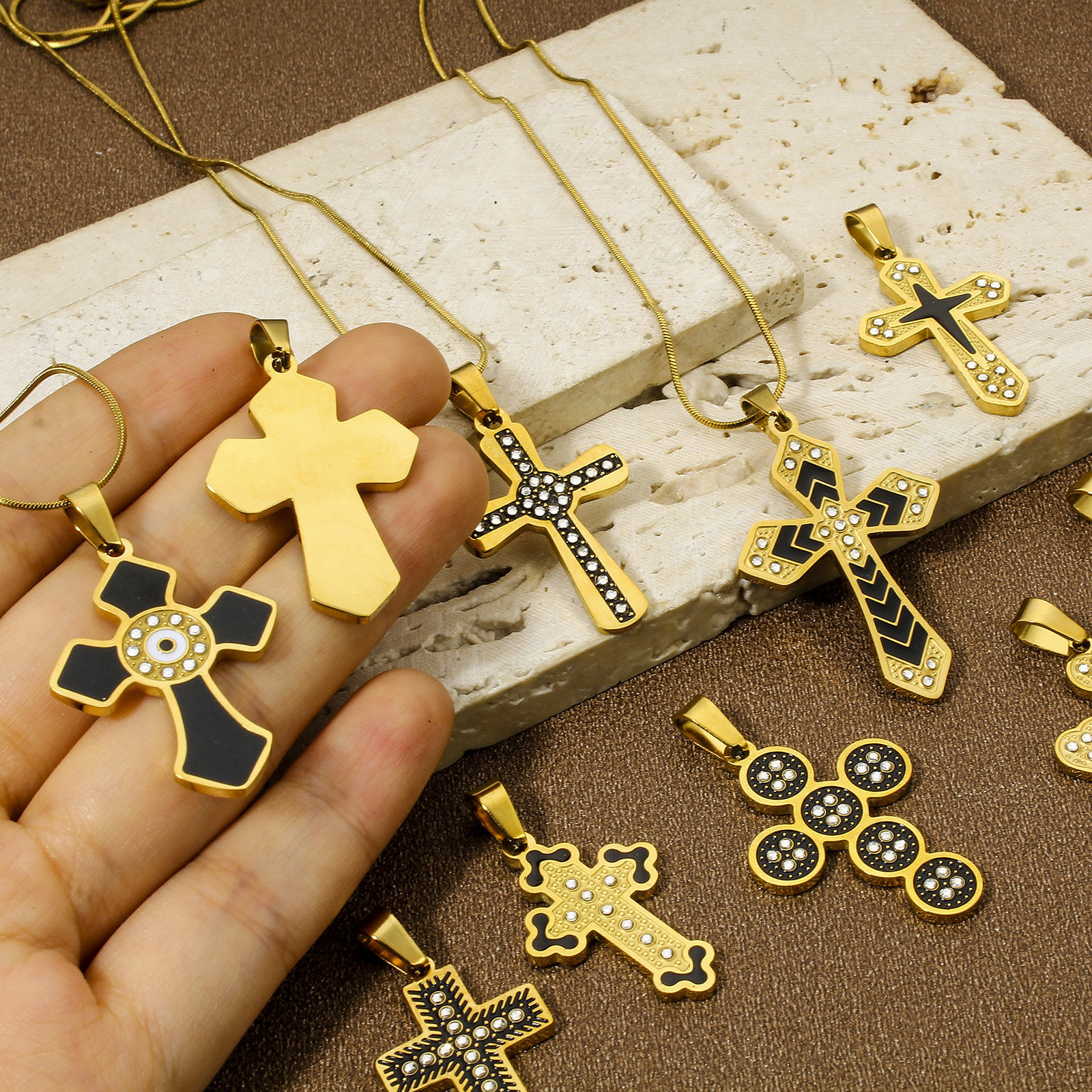 Picture of Vacuum Plating 304 Stainless Steel Religious Pendants Gold Plated Multicolor Cross Enamel Clear Rhinestone