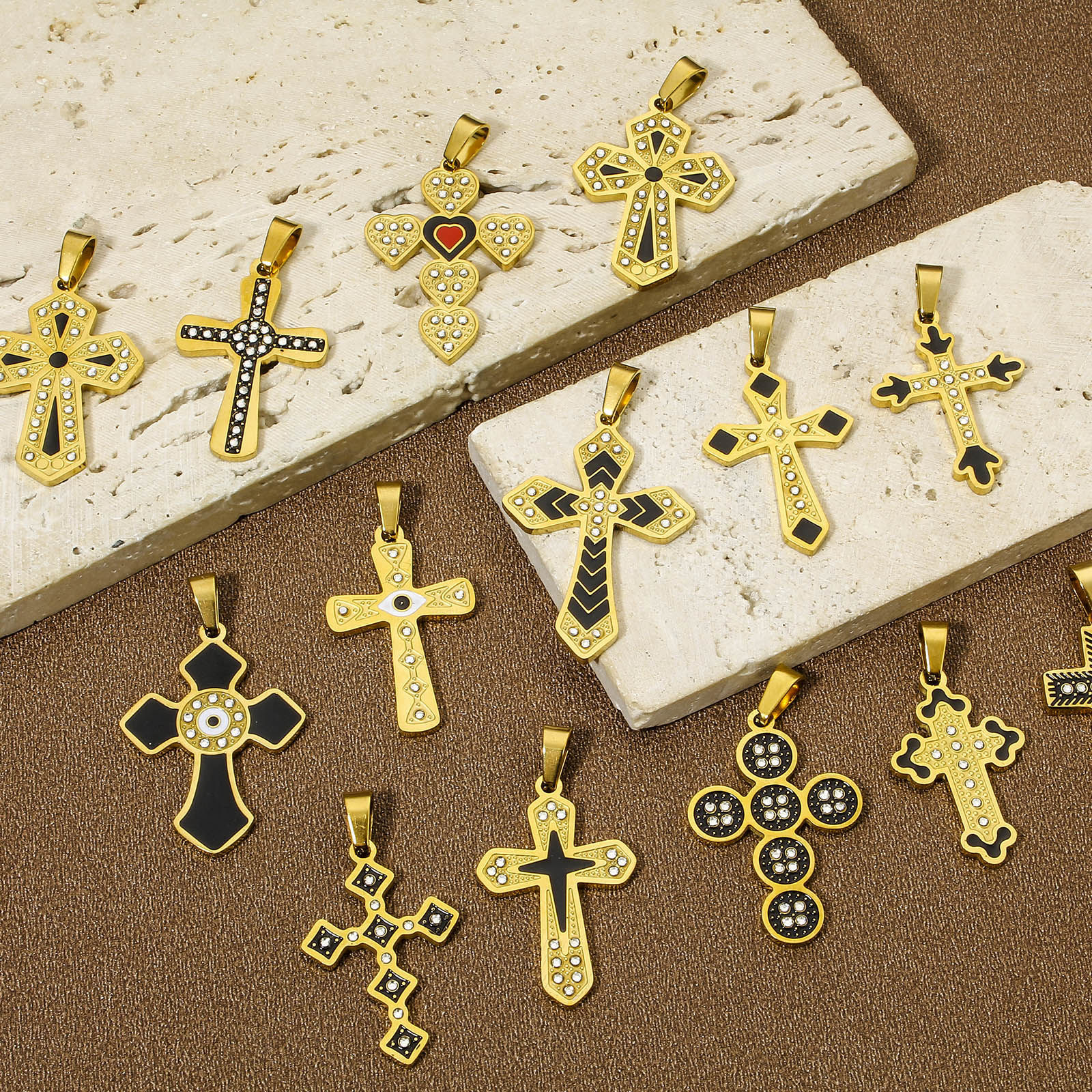 Picture of Vacuum Plating 304 Stainless Steel Religious Pendants Gold Plated Multicolor Cross Enamel Clear Rhinestone
