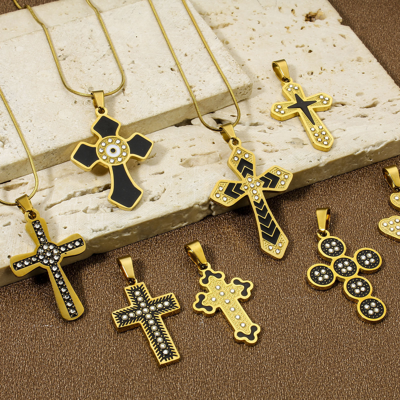 Picture of Vacuum Plating 304 Stainless Steel Religious Pendants Gold Plated Multicolor Cross Enamel Clear Rhinestone