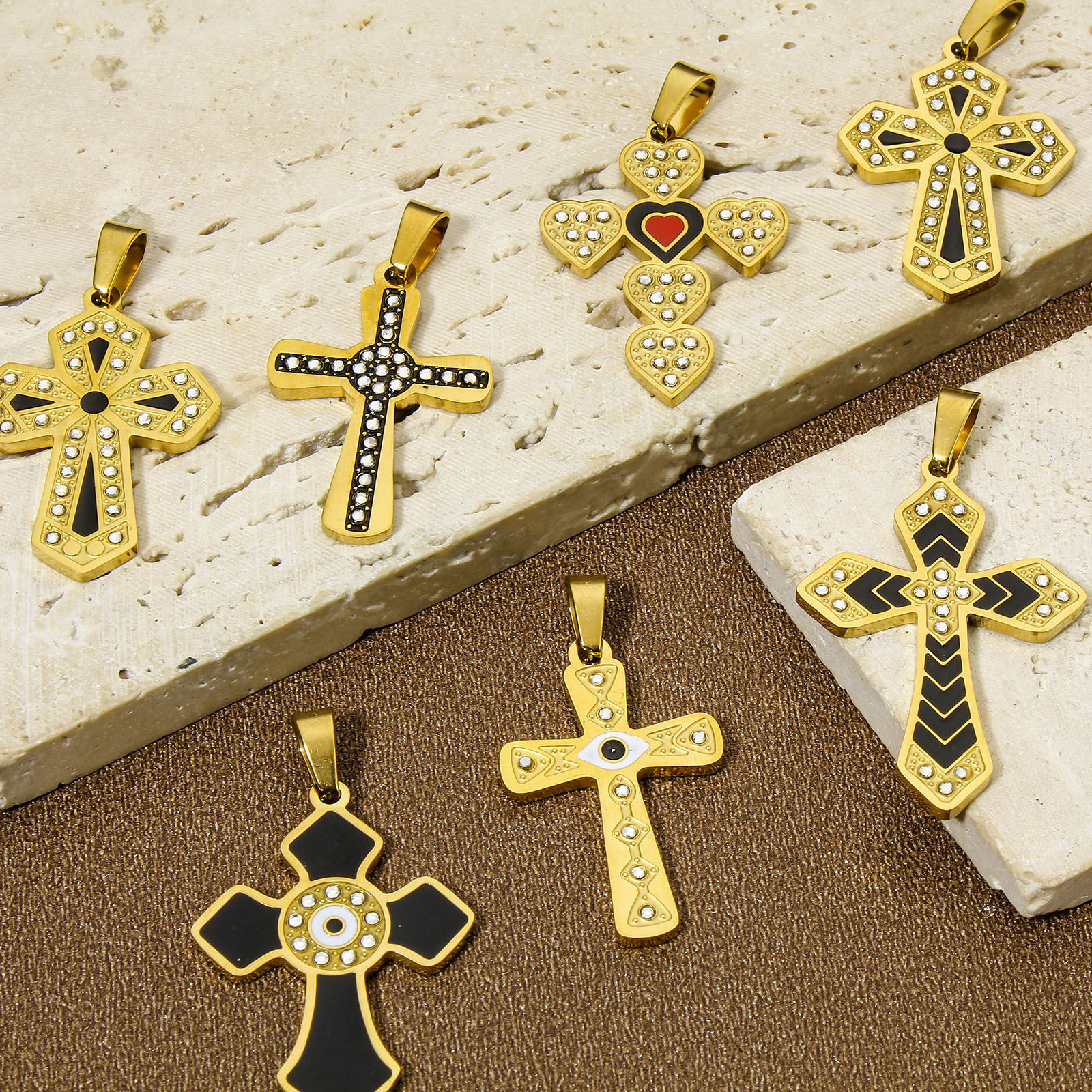 Picture of Vacuum Plating 304 Stainless Steel Religious Pendants Gold Plated Multicolor Cross Enamel Clear Rhinestone