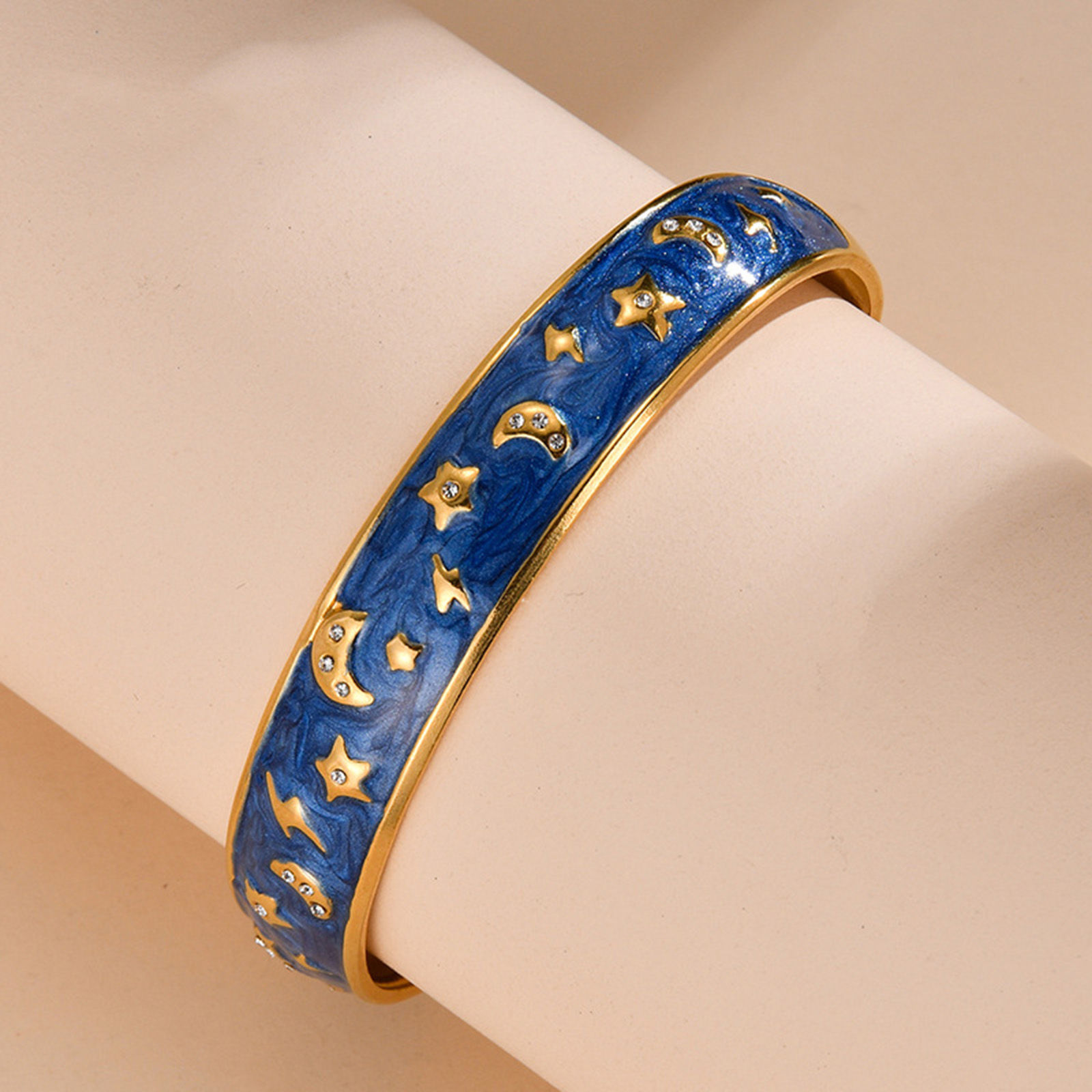 Picture of Vacuum Plating Retro Galaxy 18K Gold Plated Multicolor 304 Stainless Steel & Rhinestone Star Moon Enamel Bangles Bracelets For Women Party