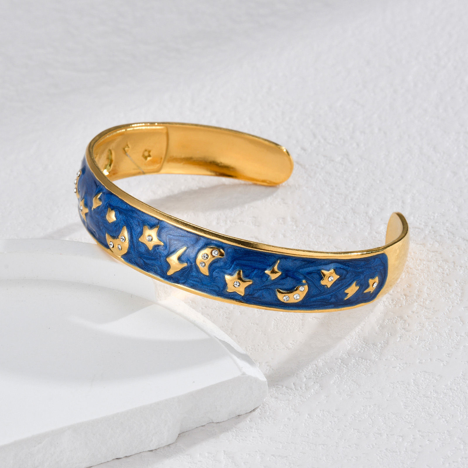 Picture of Vacuum Plating Retro Galaxy 18K Gold Plated Multicolor 304 Stainless Steel & Rhinestone Star Moon Enamel Bangles Bracelets For Women Party