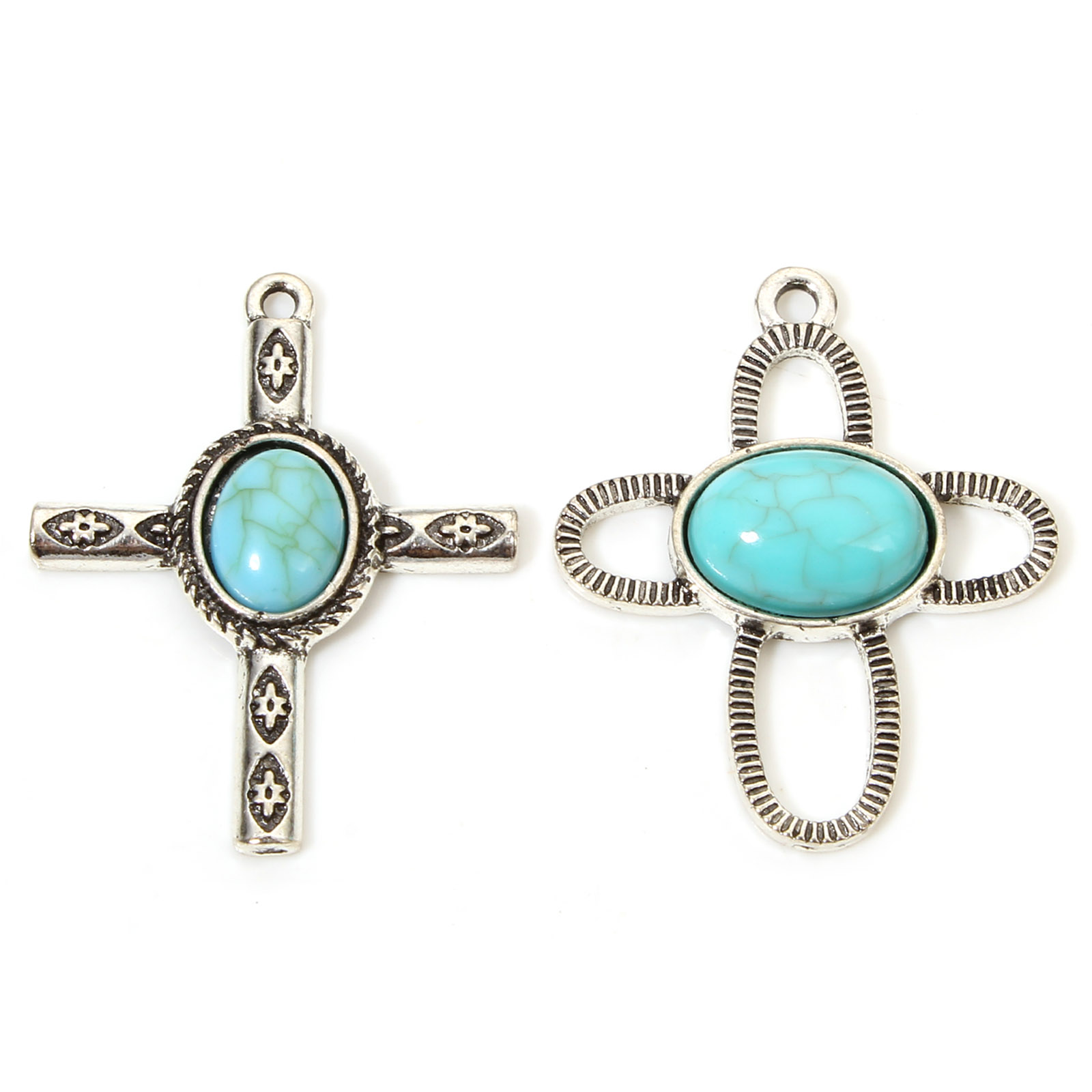 Imagen de 5 Unidades Zamak Bohemia Colgantes Plata Antigua Cruz Con Resina Cabochons Imitación Turquesa