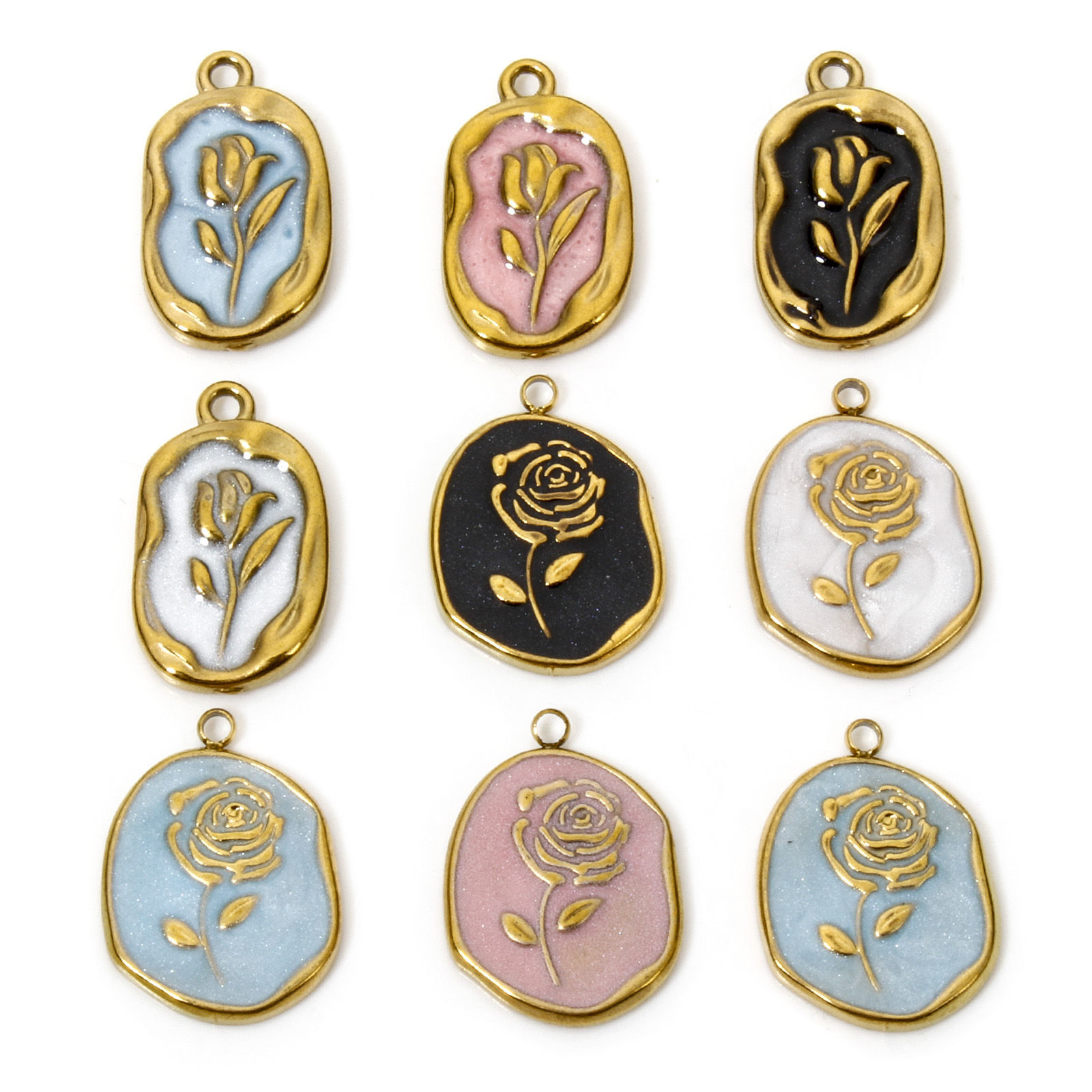 Picture of Vacuum Plating 304 Stainless Steel Charms 18K Gold Plated Oval Flower Enamel
