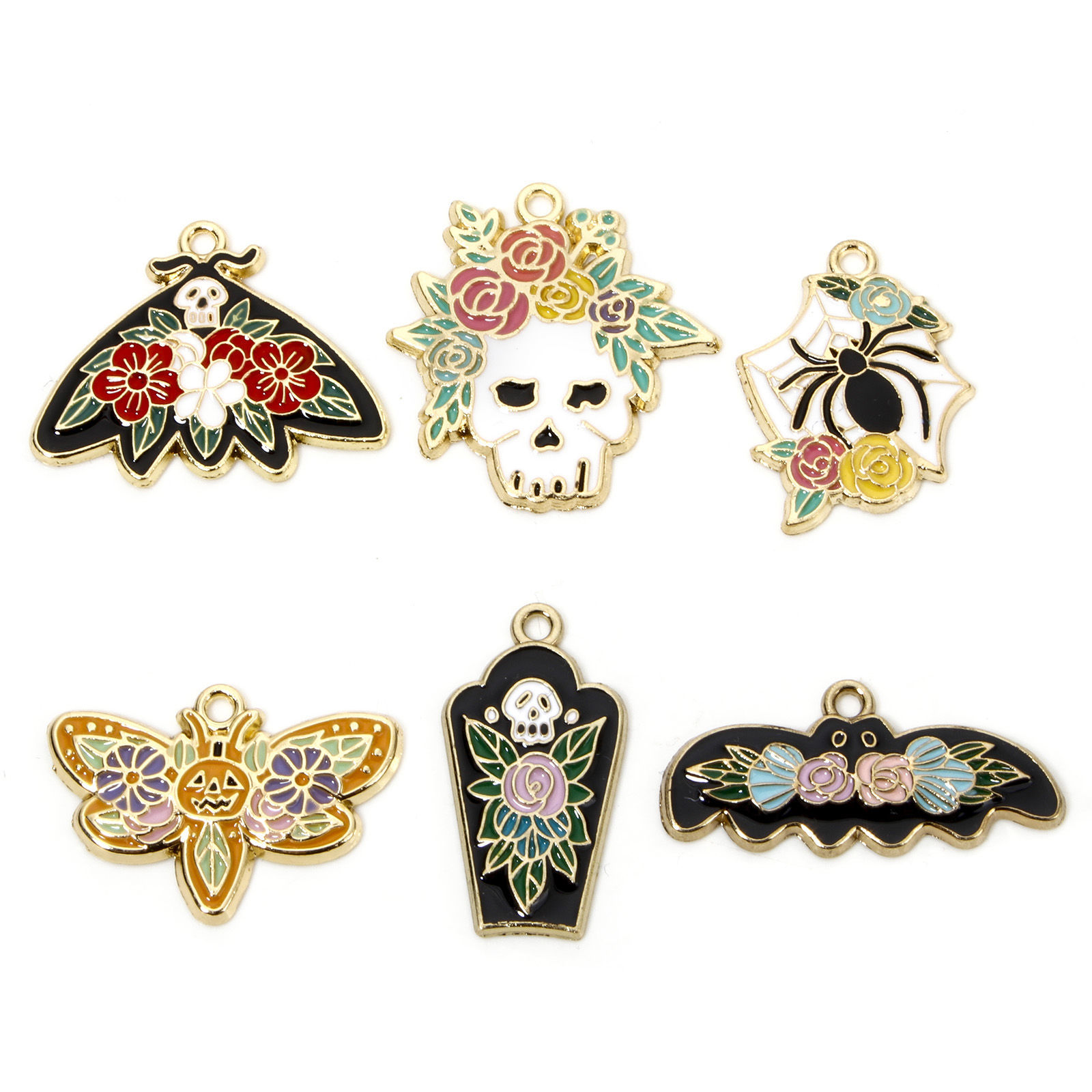 10 個 亜鉛合金 ハロウィン チャーム 金メッキ 多色 スケルトンスカル 花彫刻 エナメル の画像