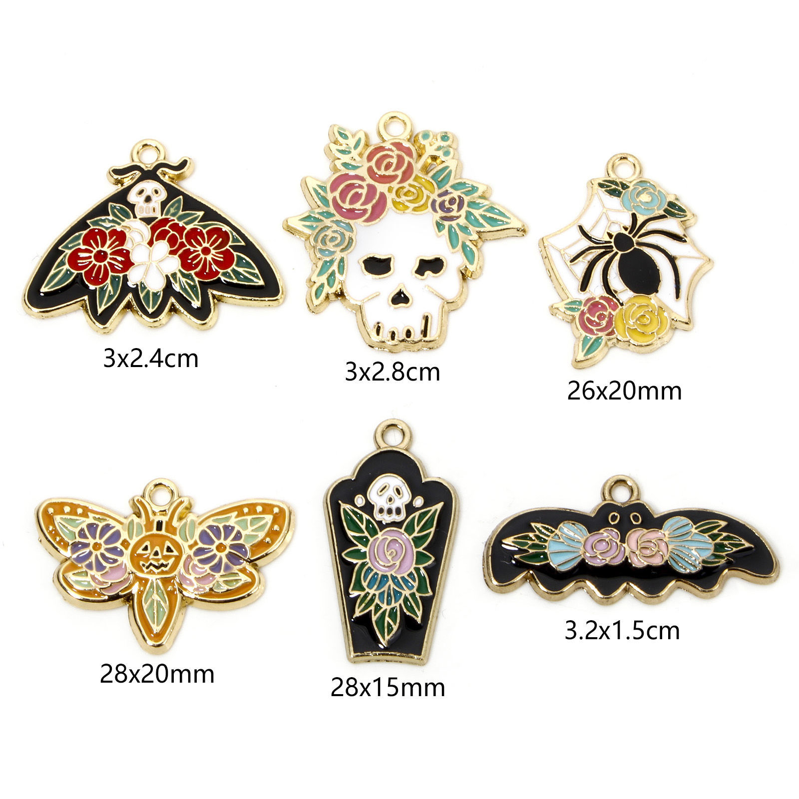 10 個 亜鉛合金 ハロウィン チャーム 金メッキ 多色 スケルトンスカル 花彫刻 エナメル の画像