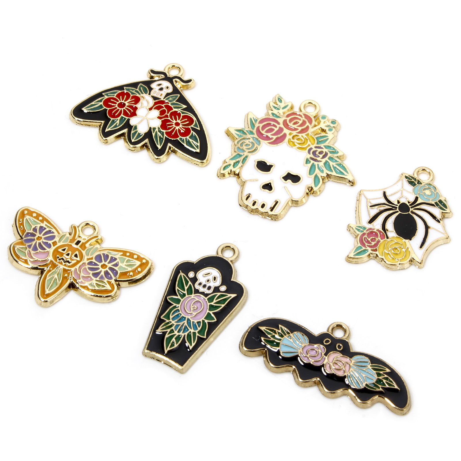 10 個 亜鉛合金 ハロウィン チャーム 金メッキ 多色 スケルトンスカル 花彫刻 エナメル の画像