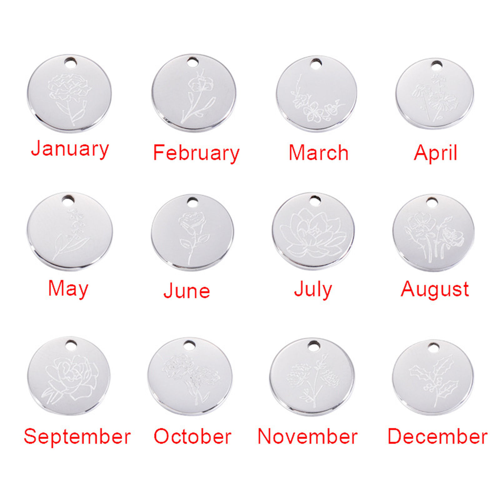 Image de 2 Pcs Breloques en 304 Acier Inoxydable Fleur de Mois de Naissance Rond Argent Mat 12mm Dia.