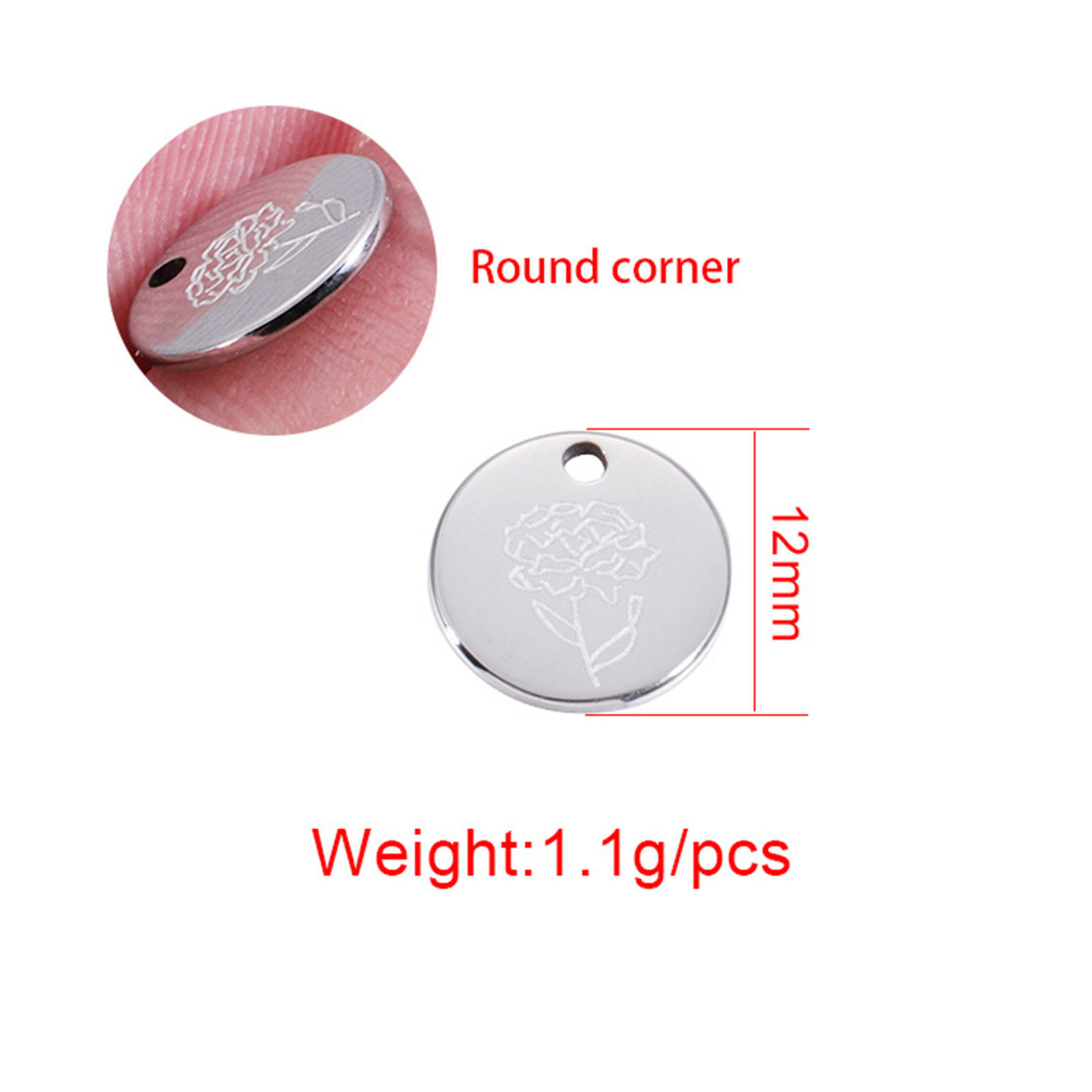 Image de 2 Pcs Breloques en 304 Acier Inoxydable Fleur de Mois de Naissance Rond Argent Mat 12mm Dia.