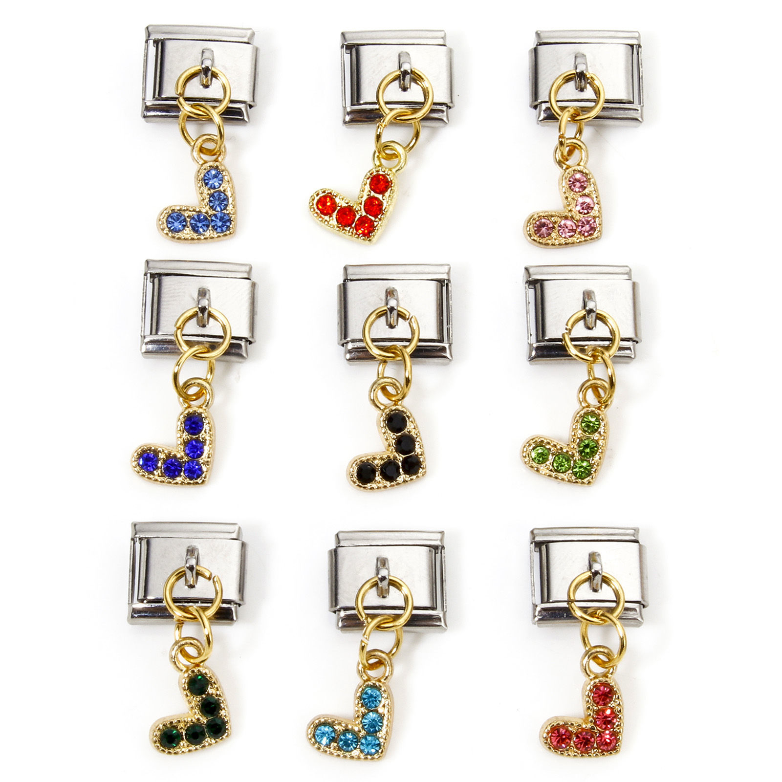 Picture of Zinc Based Alloy & Stainless Steel Italian Charm Links For DIY Bracelet Jewelry Making Gold Plated & Silver Tone Rectangle Heart Micro Pave 10mm x 9mm