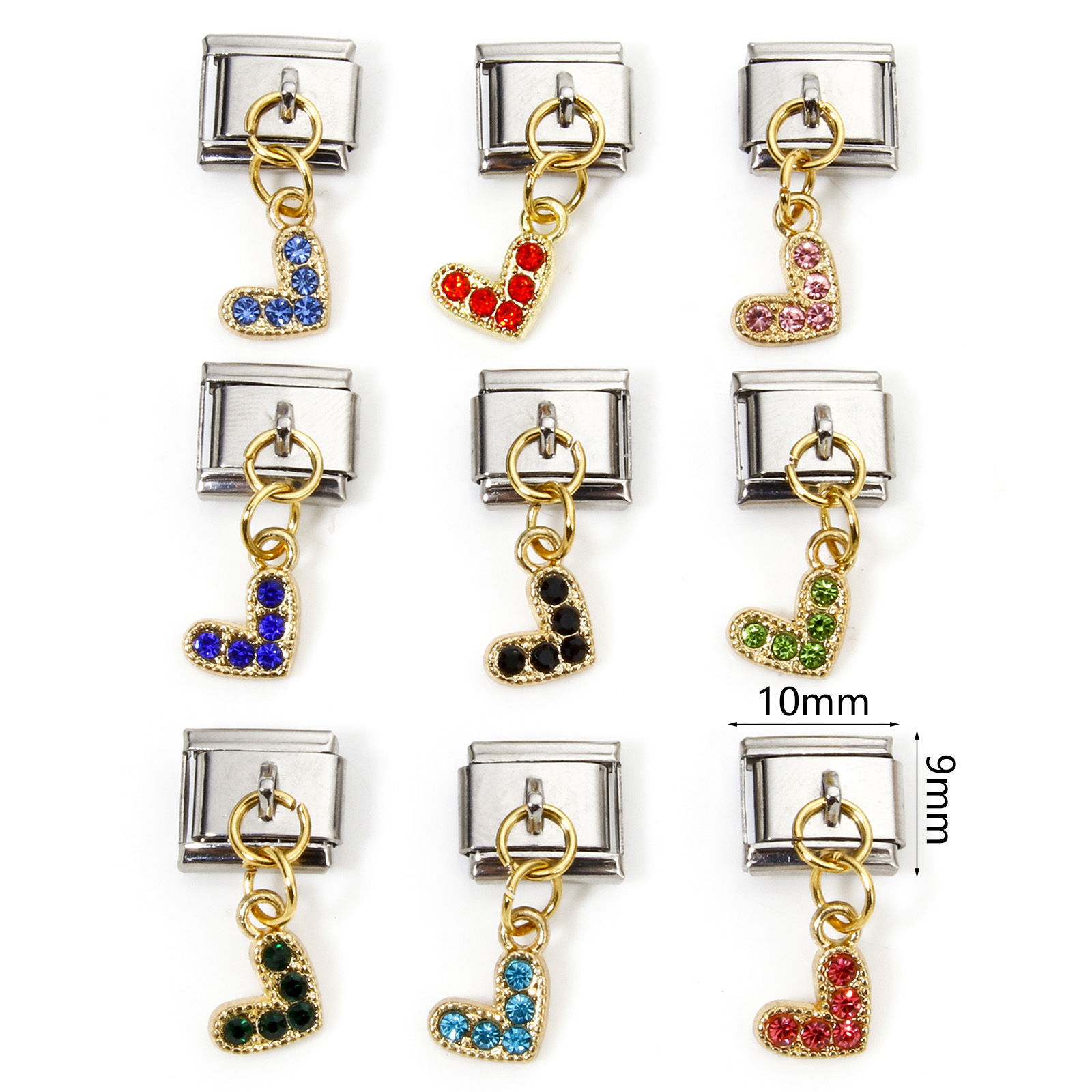 Picture of Zinc Based Alloy & Stainless Steel Italian Charm Links For DIY Bracelet Jewelry Making Gold Plated & Silver Tone Rectangle Heart Micro Pave 10mm x 9mm
