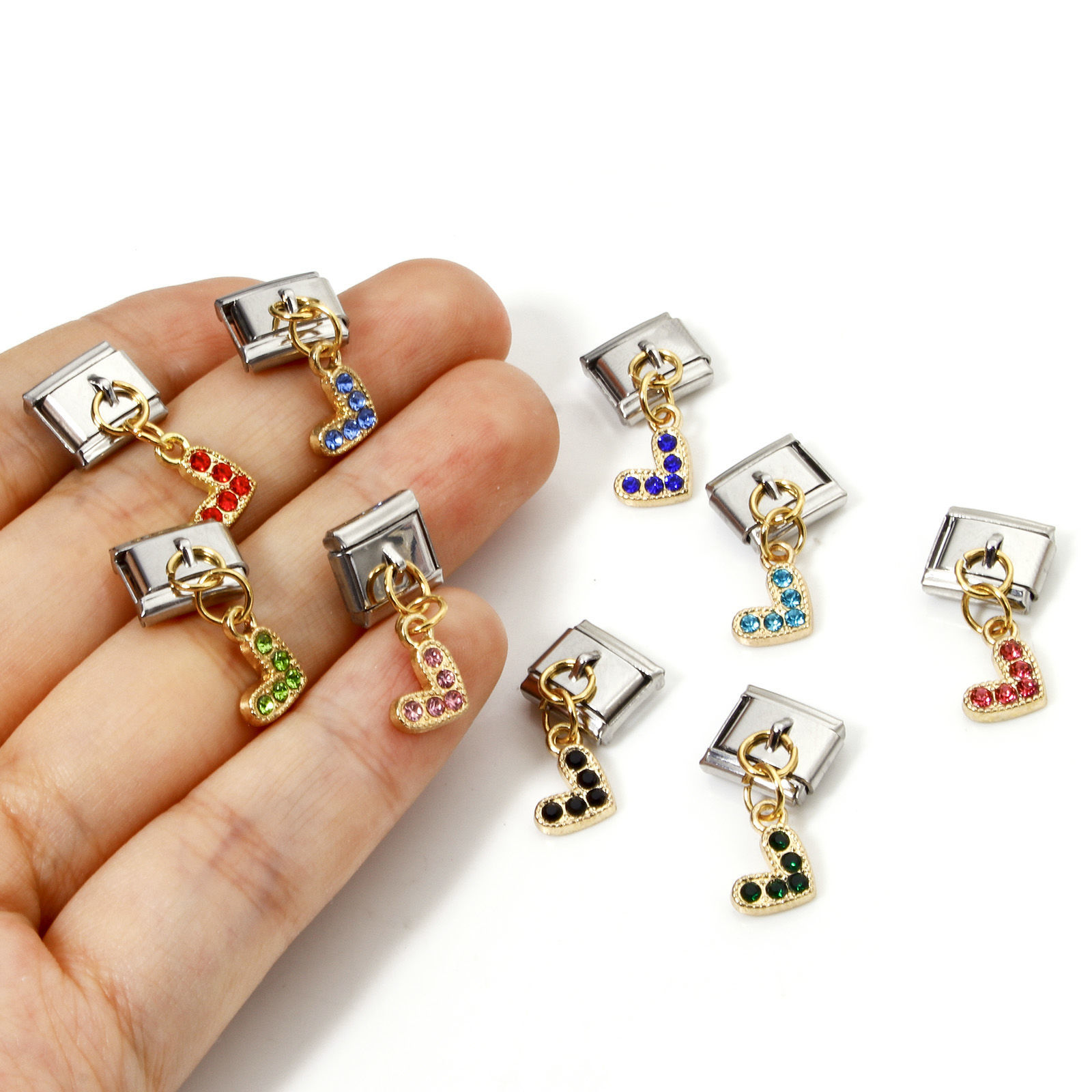 Picture of Zinc Based Alloy & Stainless Steel Italian Charm Links For DIY Bracelet Jewelry Making Gold Plated & Silver Tone Rectangle Heart Micro Pave 10mm x 9mm