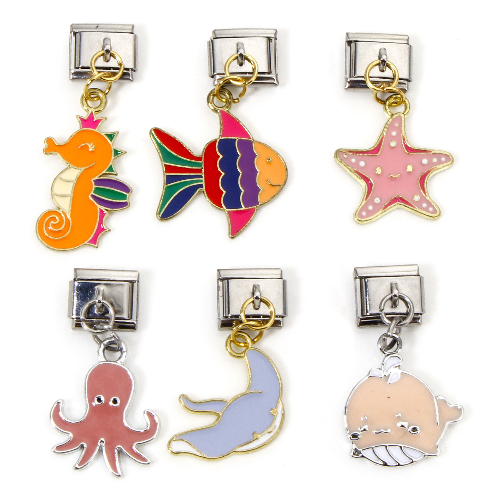 Bild von 1 Stück Zinklegierung & Edelstahl Ozean Schmuck Charm-Armband mit italienischen Gliedern zur Herstellung von DIY-Schmuck Rechteck Emaille 10mm x 9mm