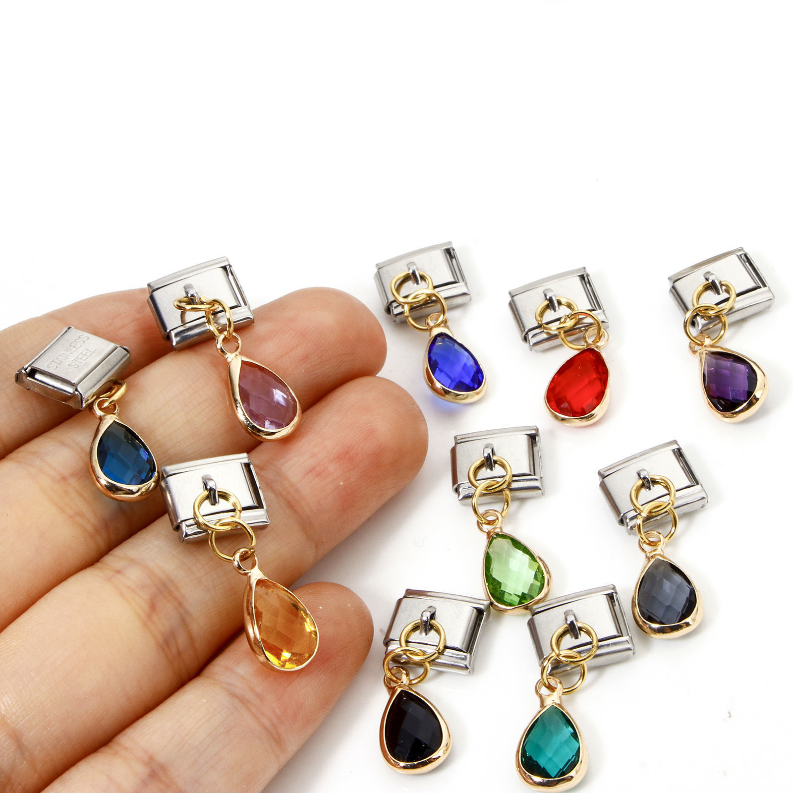 Bild von 1 Stück Edelstahl und Messing Charm-Armband mit italienischen Gliedern zur Herstellung von DIY-Schmuck Vergoldet & Silberfarbe Rechteck Monatsstein 10mm x 9mm